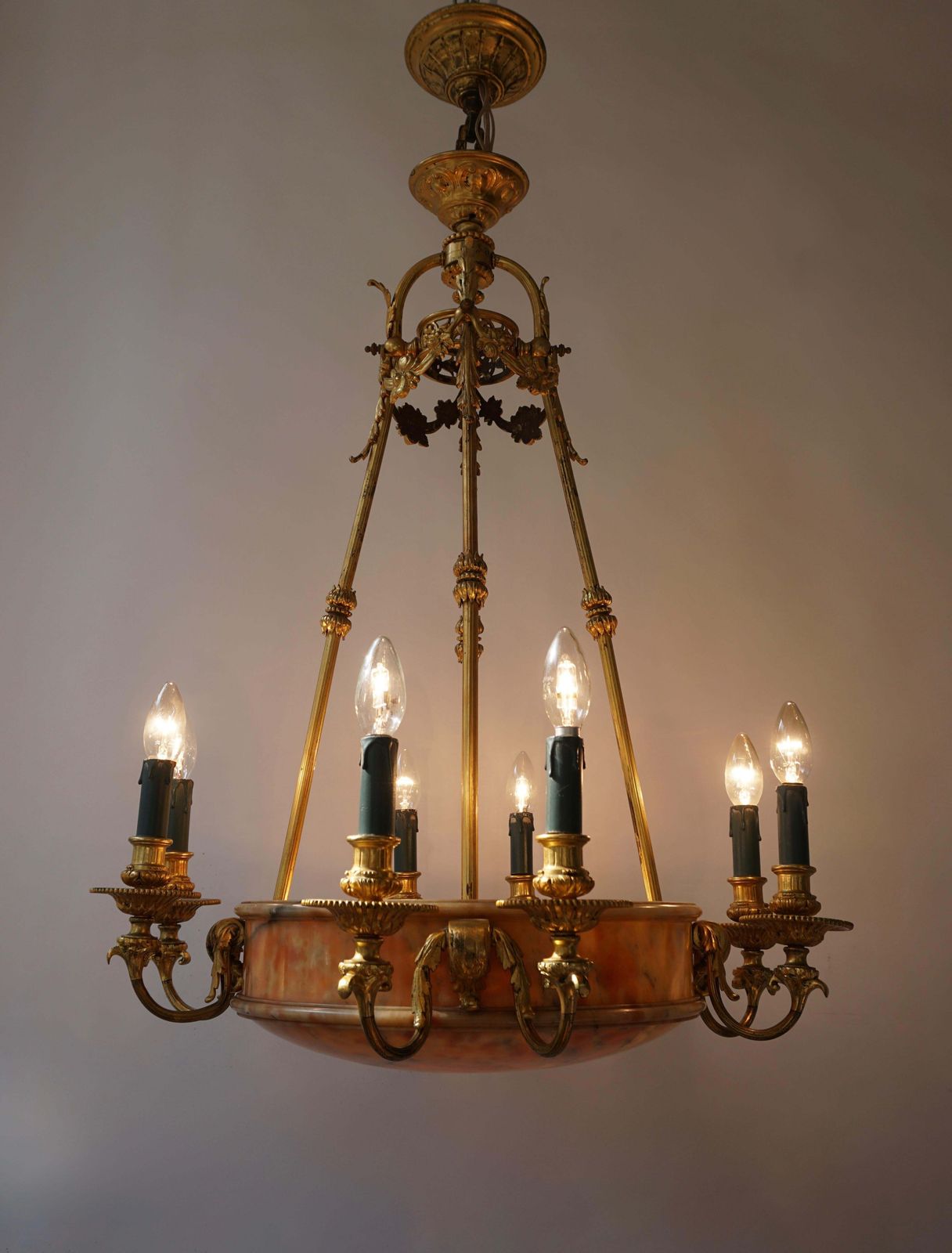 Rare Early French 20th Century Art Deco Bronze And Alabaster Chandelier photo buy