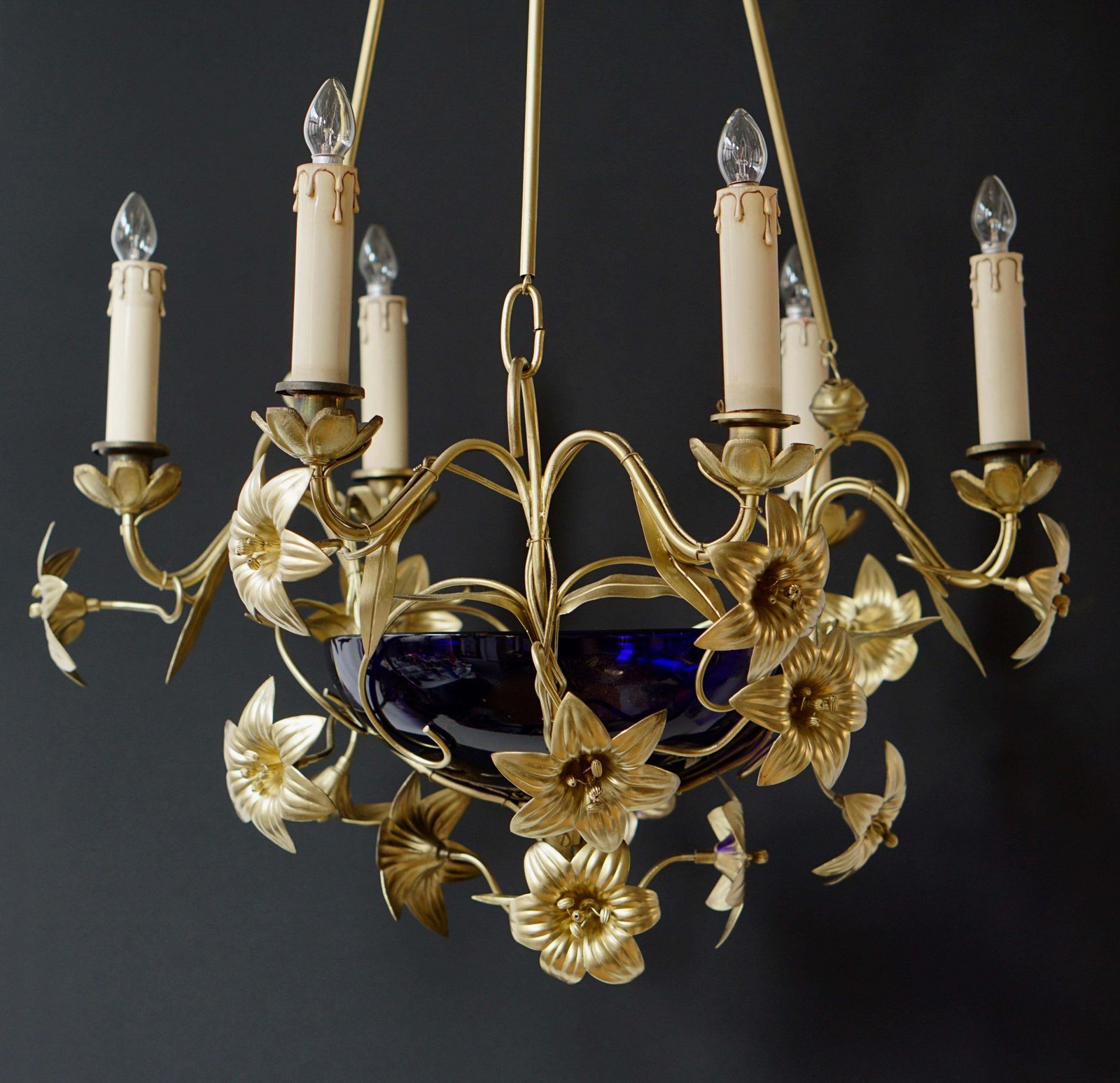 Italian Brass Chandelier With Lilies And Cranberry Glass photo buy