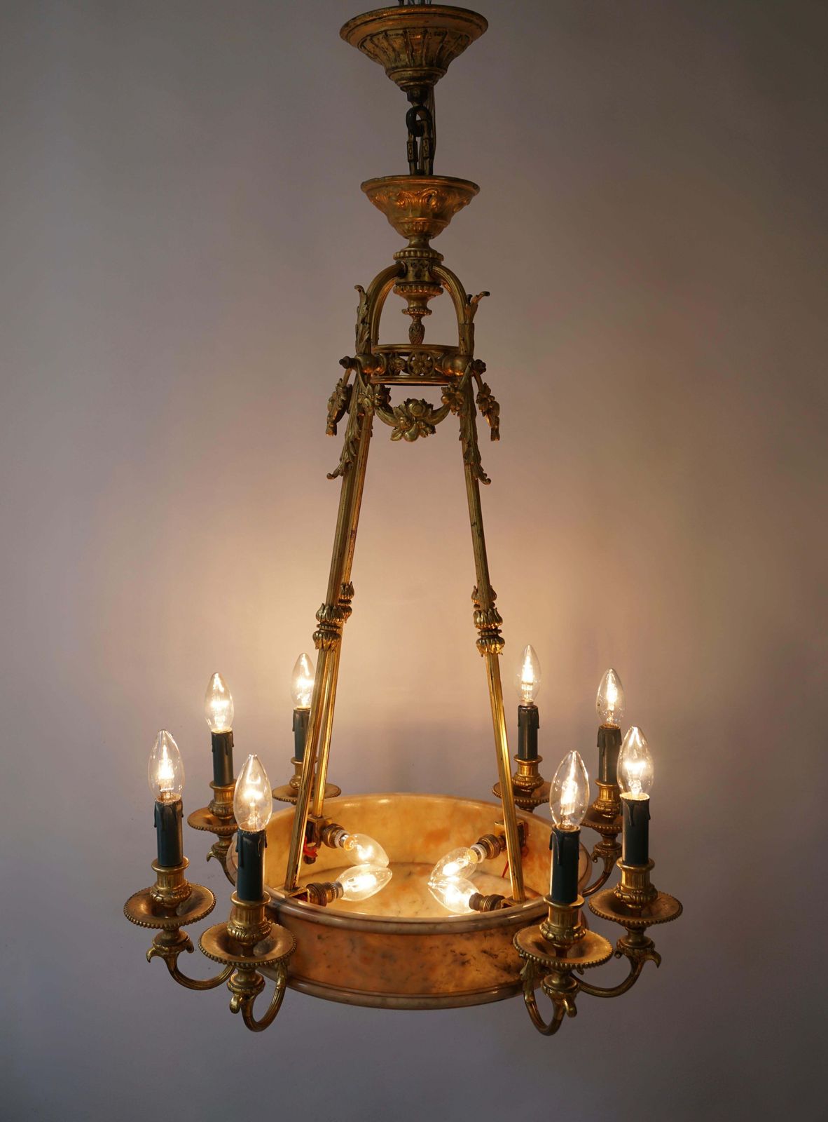 Lighting Rare Early French 20th Century Art Deco Bronze And Alabaster Chandelier photo