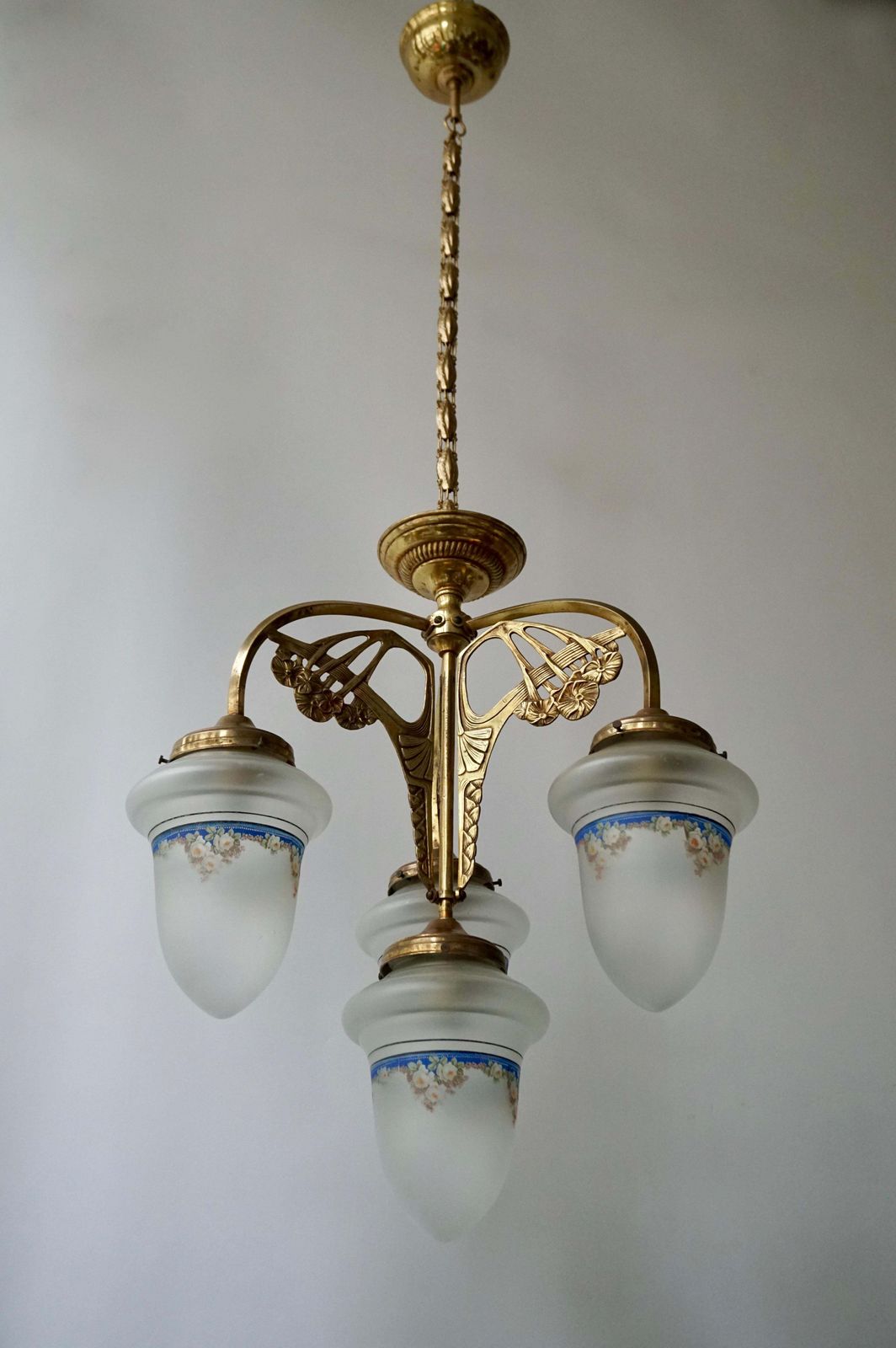 Art Nouveau Chandelier In Painted Glass And Brass photo furniture