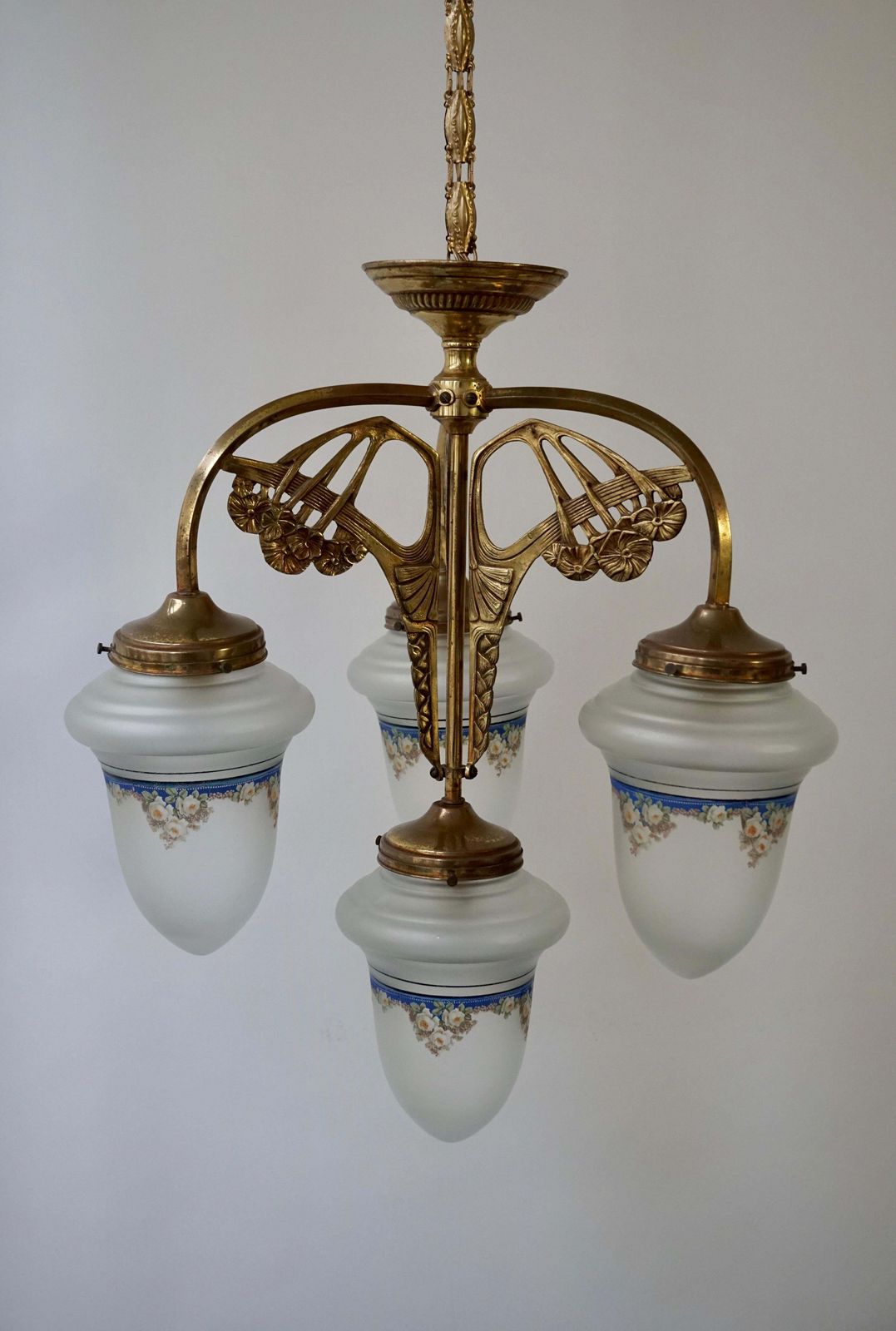 photo for sale Art Nouveau Chandelier In Painted Glass And Brass