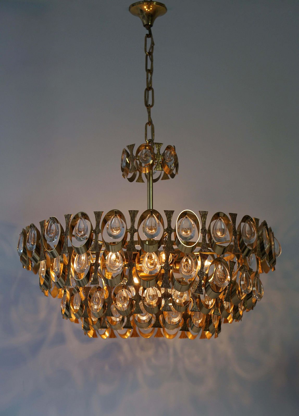 1960s Palwa Six Light Crystal Glass And Gilt Brass Chandelier By Palwa photo for sale