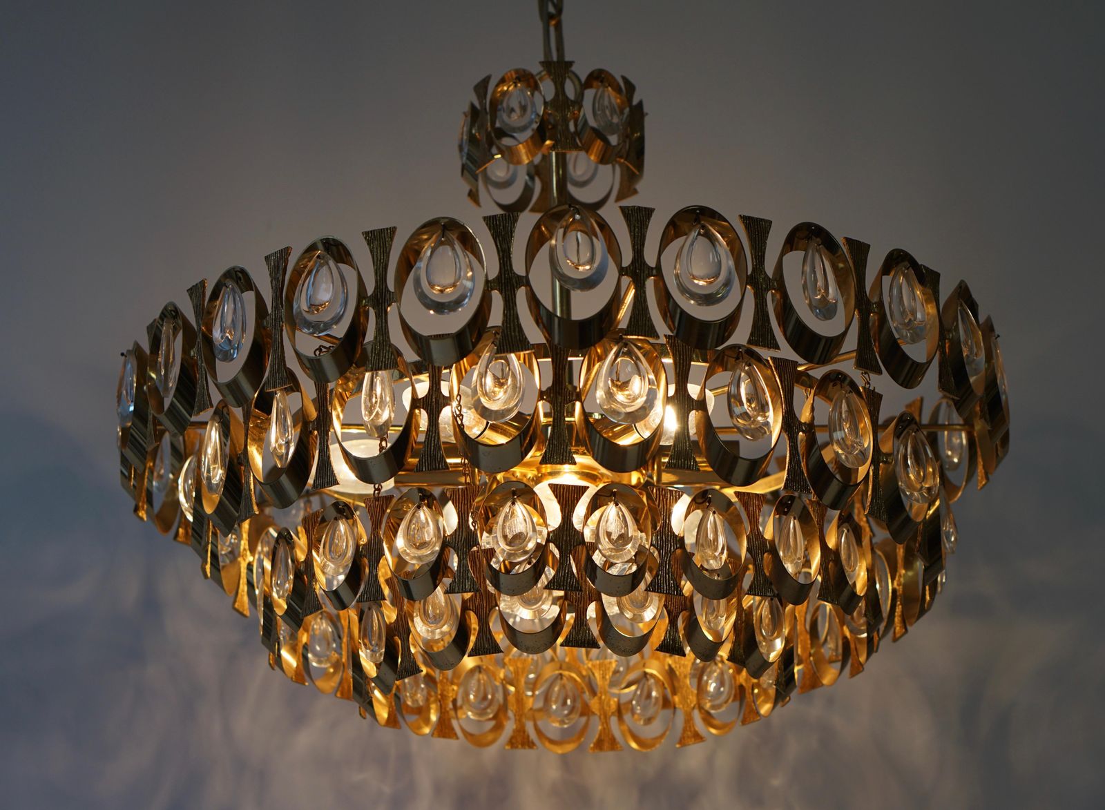 1960s Palwa Six Light Crystal Glass And Gilt Brass Chandelier By Palwa photo vintage