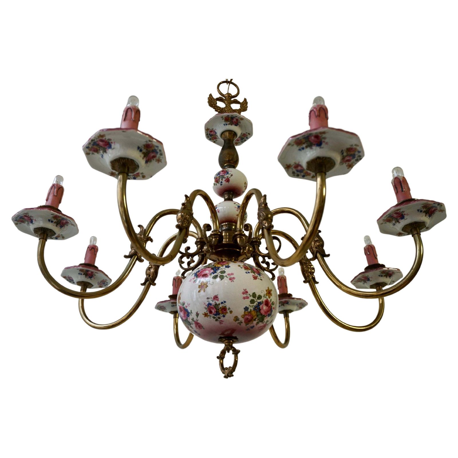 Glorious Large Delft Chandelier In Brass And Porcelain Flowers