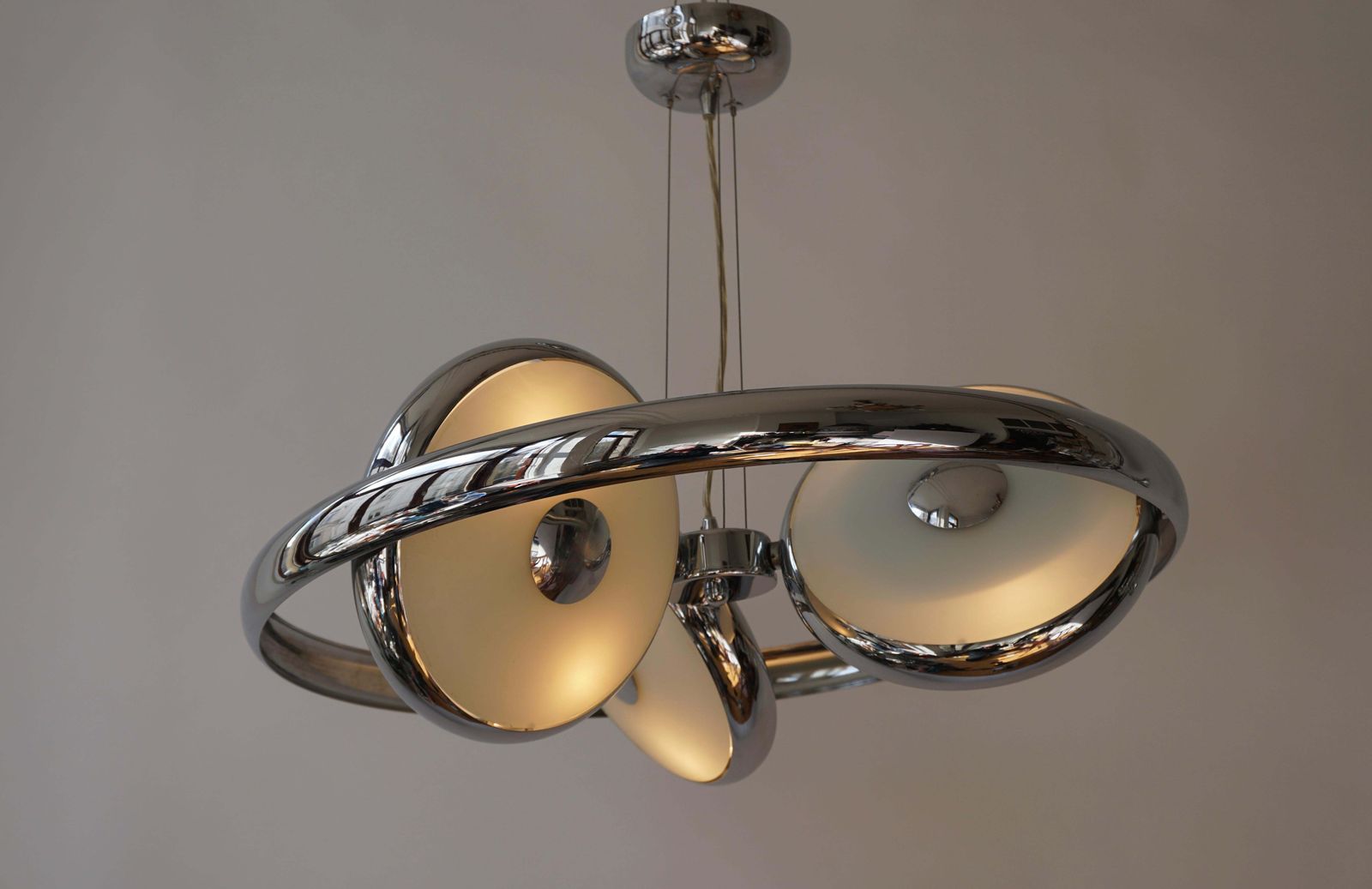 One Off Three Adjustable Italian Glass And Chrome Ufo Chandeliers photo furniture