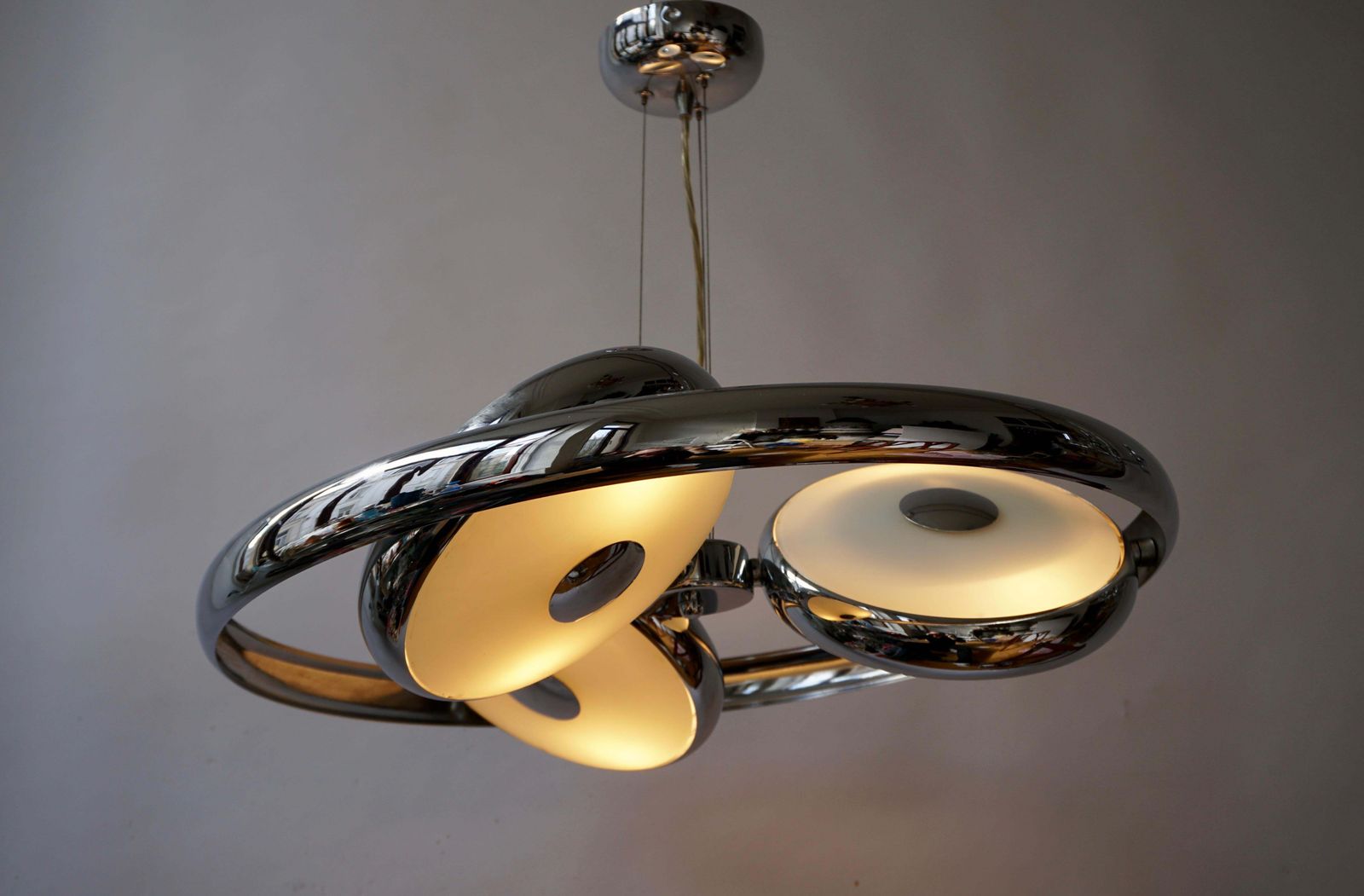 One Off Three Adjustable Italian Glass And Chrome Ufo Chandeliers photo buy