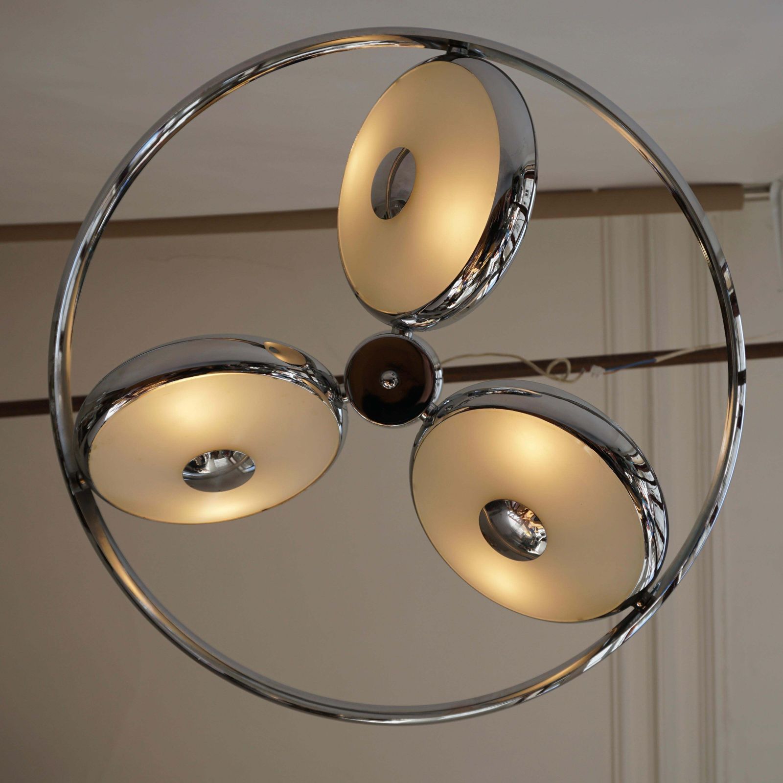 photo buy One Off Three Adjustable Italian Glass And Chrome Ufo Chandeliers
