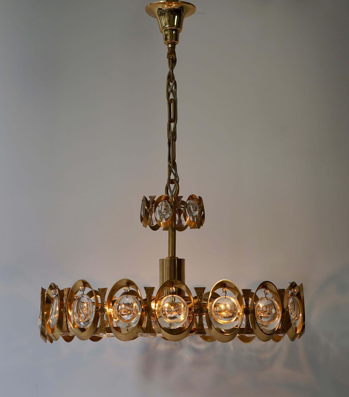 Palwa Chandelier Or Pendant Light, Gilt Brass And Crystal Glass, 1970 photo 2040.0