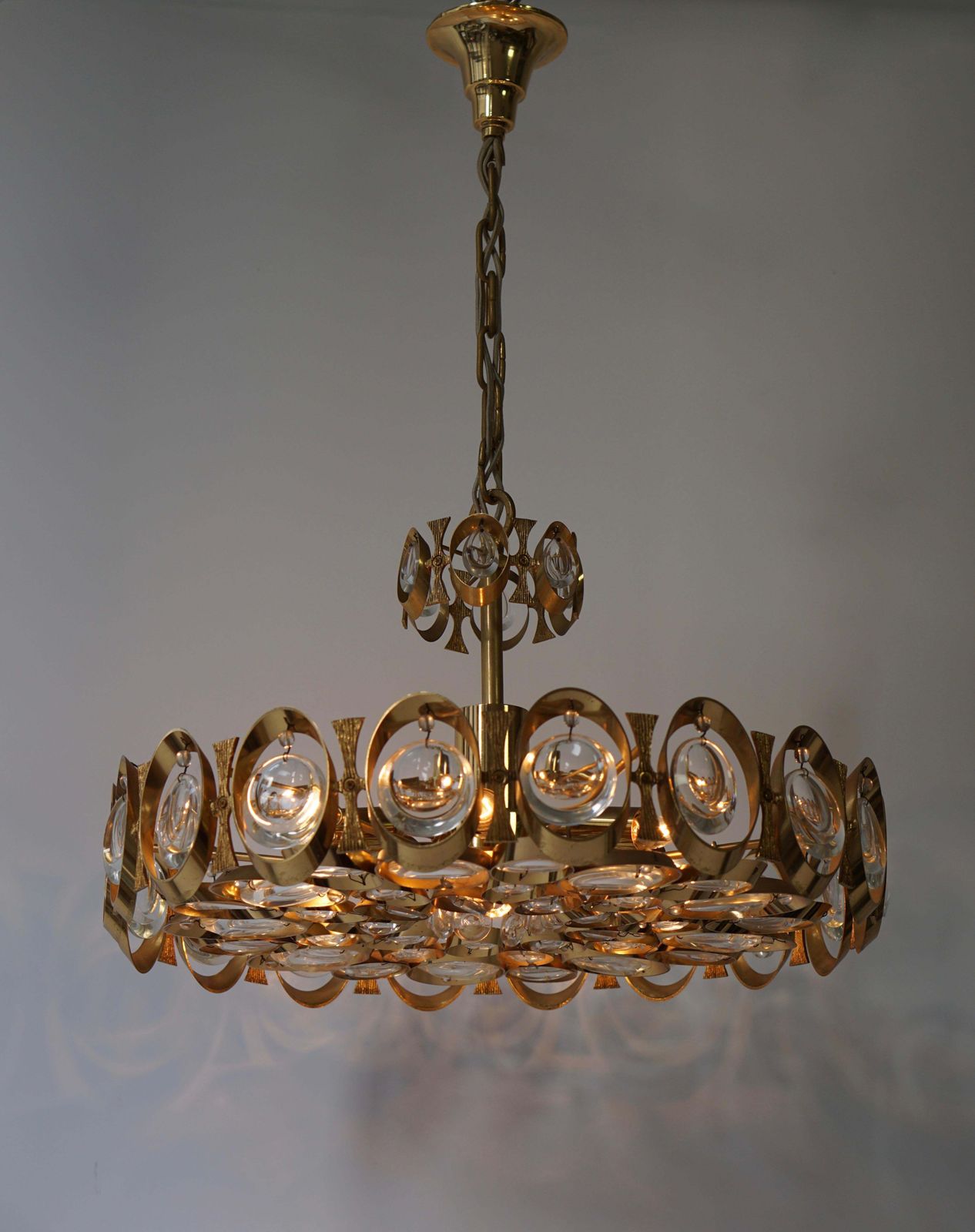 Palwa Chandelier Or Pendant Light, Gilt Brass And Crystal Glass, 1970 photo buy