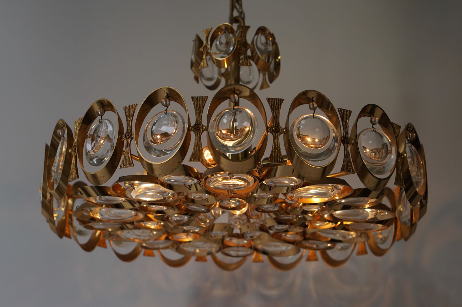 Palwa Chandelier Or Pendant Light, Gilt Brass And Crystal Glass, 1970 photo vintage