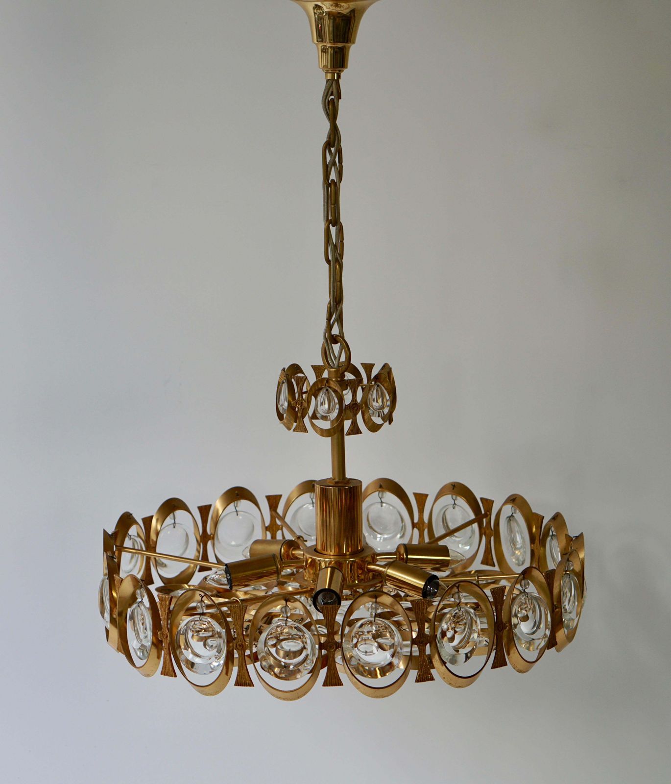 photo vintage Palwa Chandelier Or Pendant Light, Gilt Brass And Crystal Glass, 1970