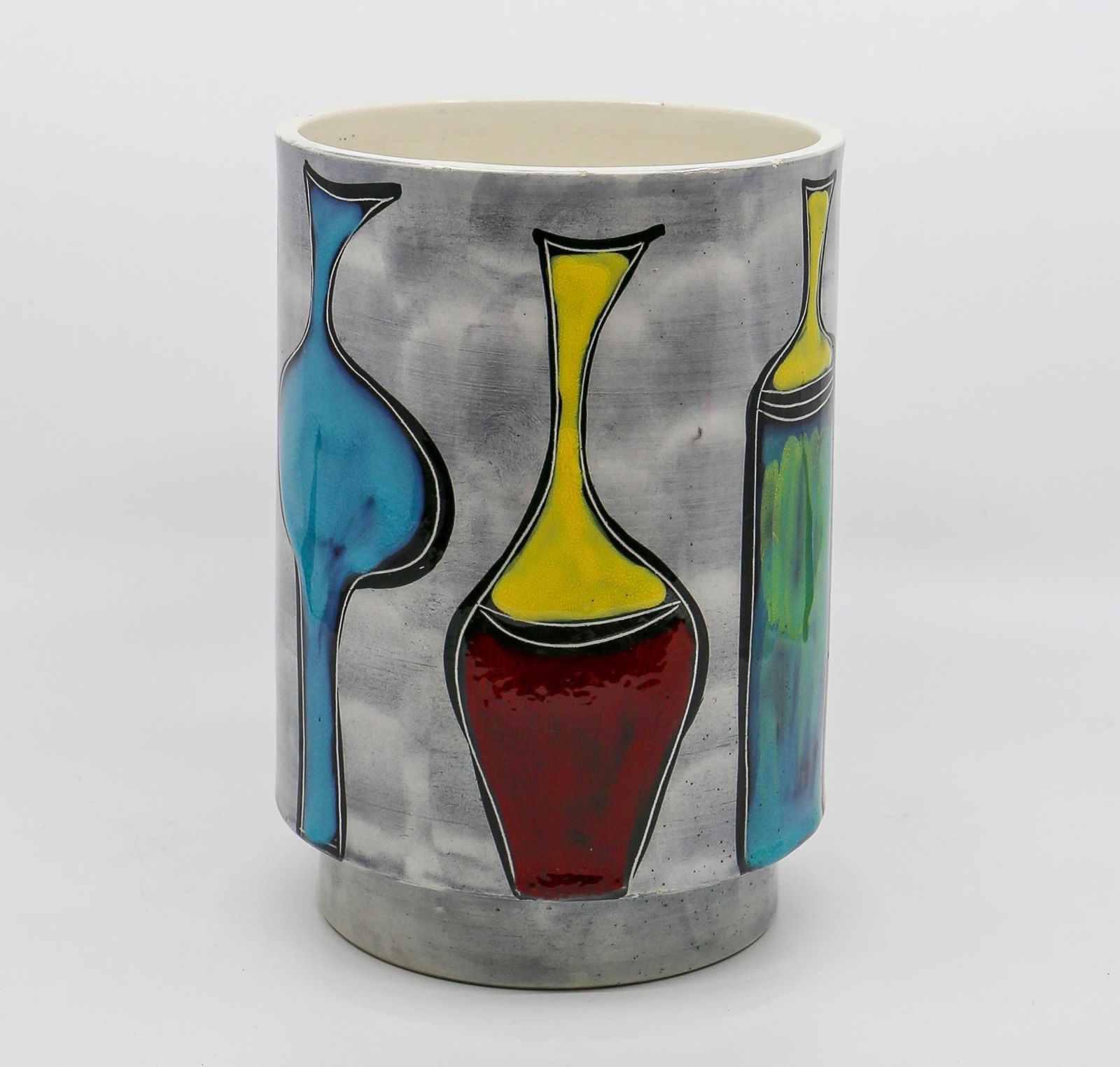 Italian Ceramic Round Vase With Bottle And Floral Motifs photo for sale