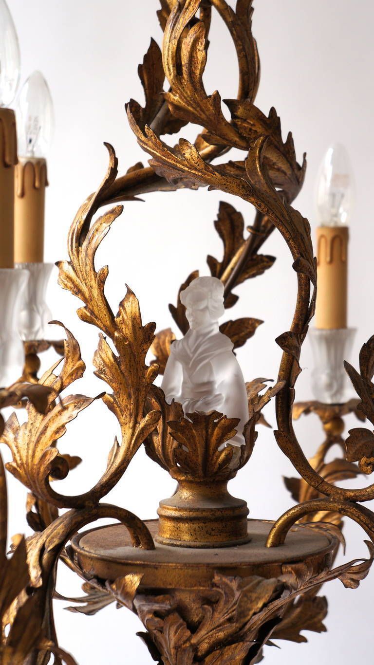 photo for sale Gilt Wrought Iron Chandelier With Japanese Geisha In Crystal