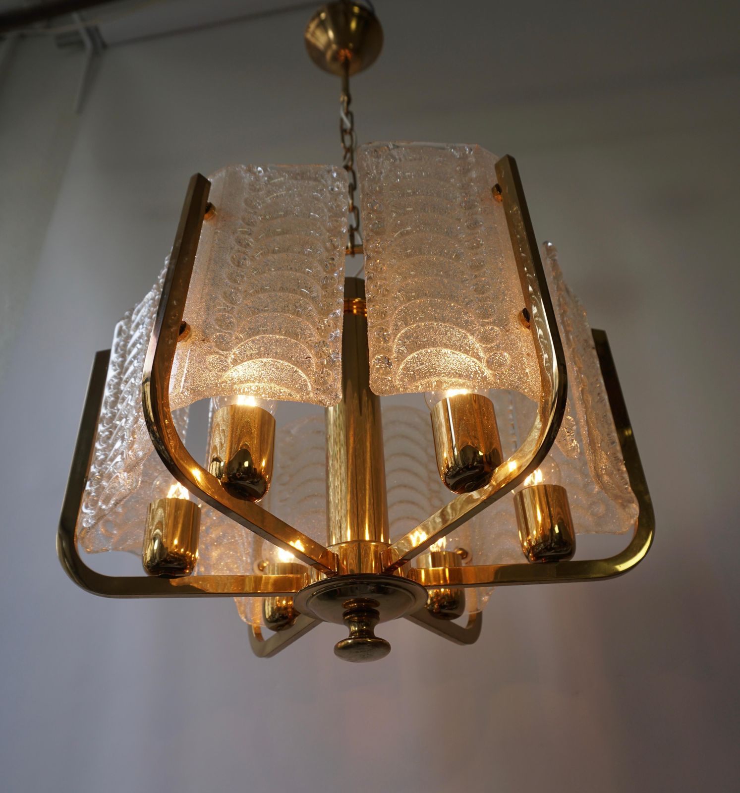 One Italian Golden Brass And Murano Glass Pendant Light photo vintage