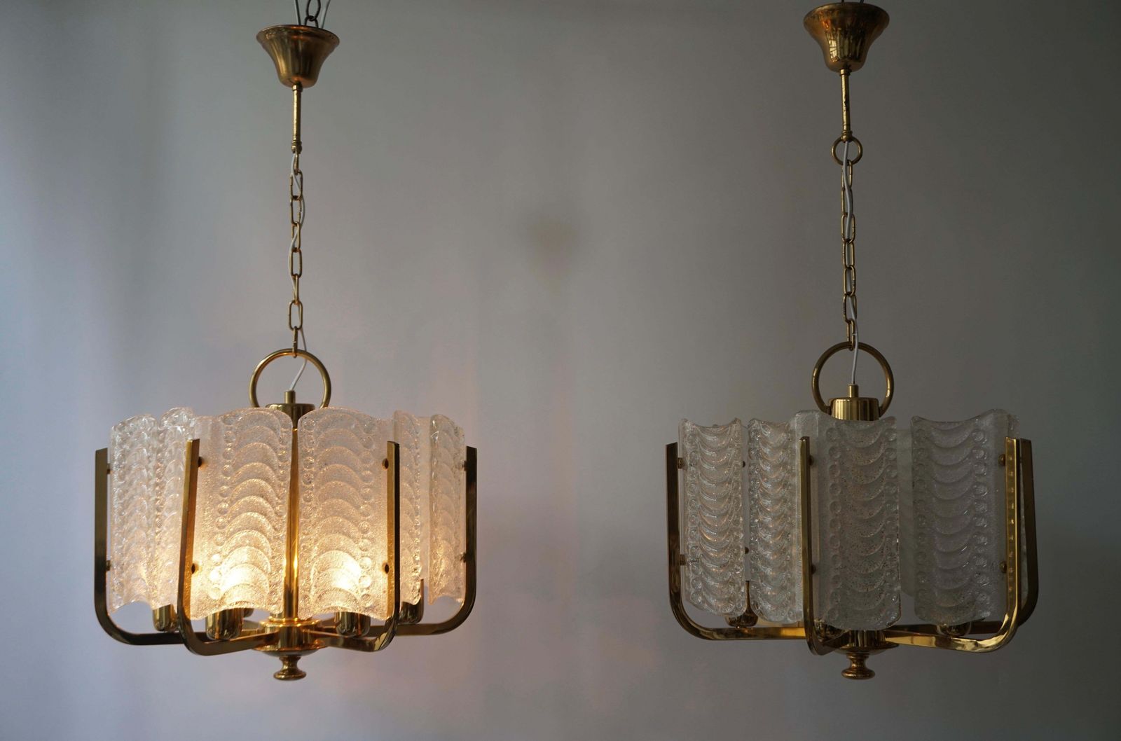 photo for sale One Italian Golden Brass And Murano Glass Pendant Light