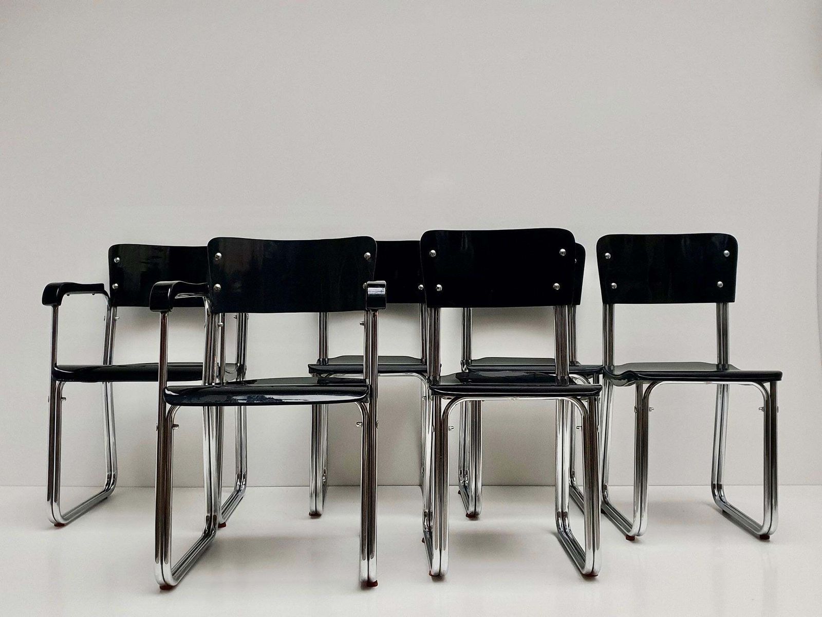 Set Of Six Chic Ebonized Modernist Chroom Bauhaus Chairs photo furniture