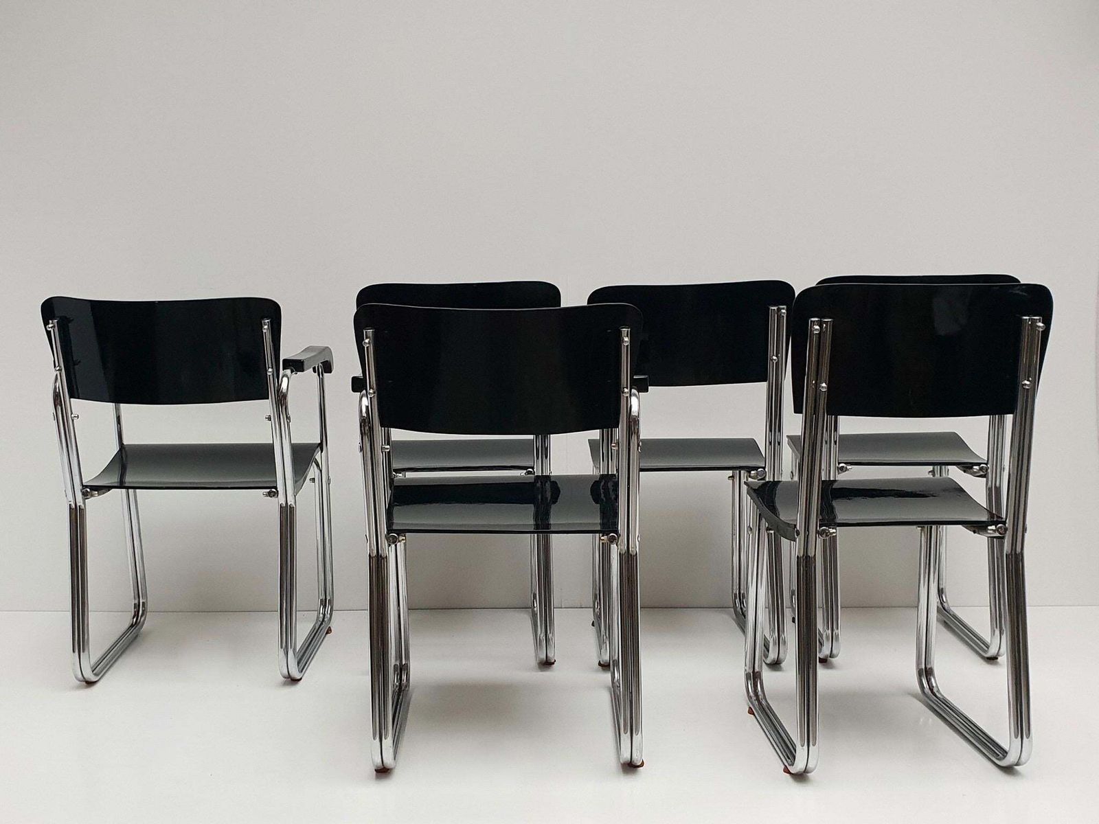 Set Of Six Chic Ebonized Modernist Chroom Bauhaus Chairs photo for sale