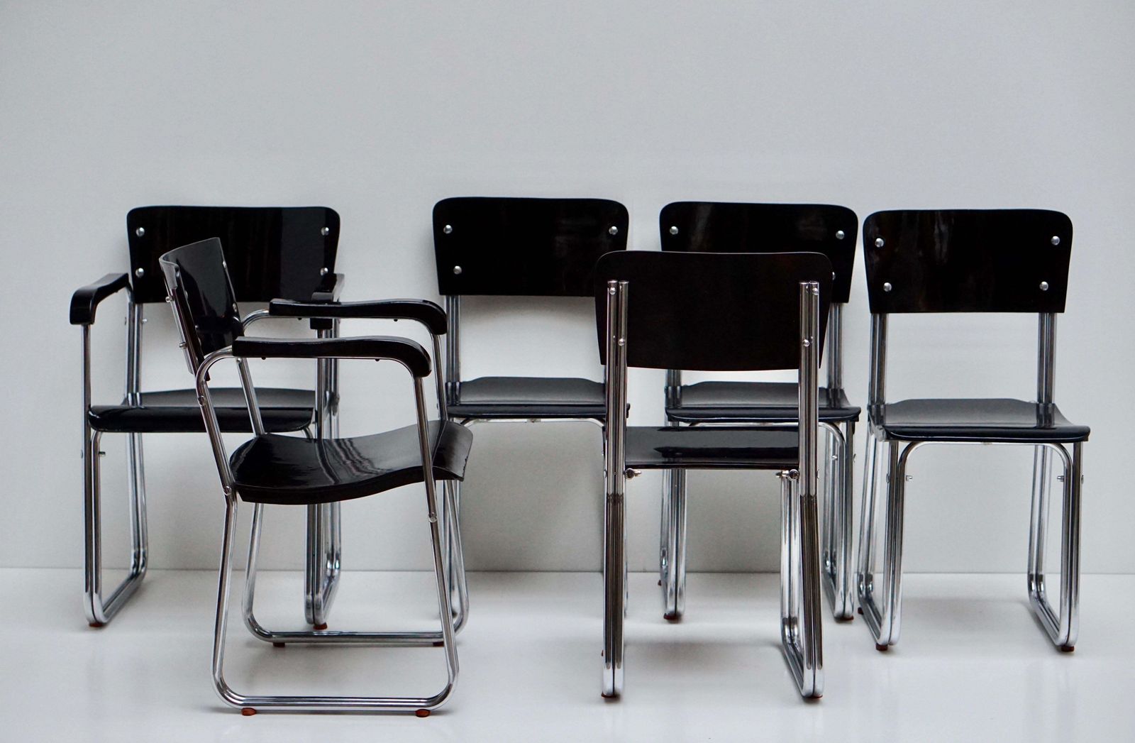2890.0 Set Of Six Chic Ebonized Modernist Chroom Bauhaus Chairs photo