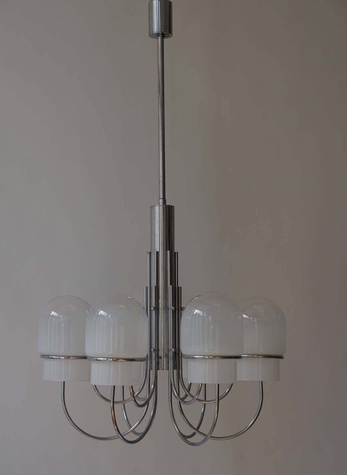 Italian Six Arched Arm Chrome And Milk Glass Chandelier, Circa 1960s photo Lighting