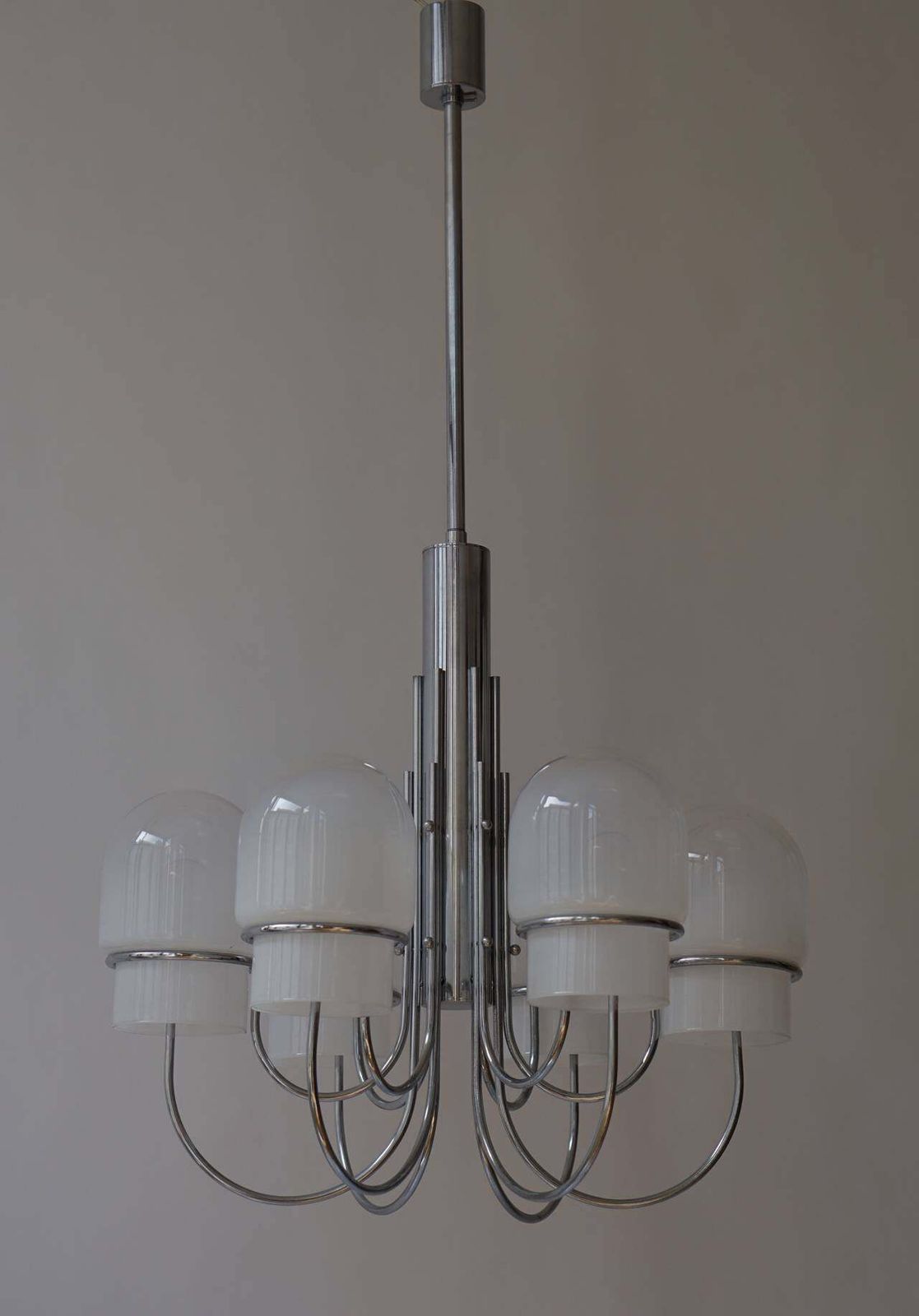Italian Six Arched Arm Chrome And Milk Glass Chandelier, Circa 1960s photo vinterior