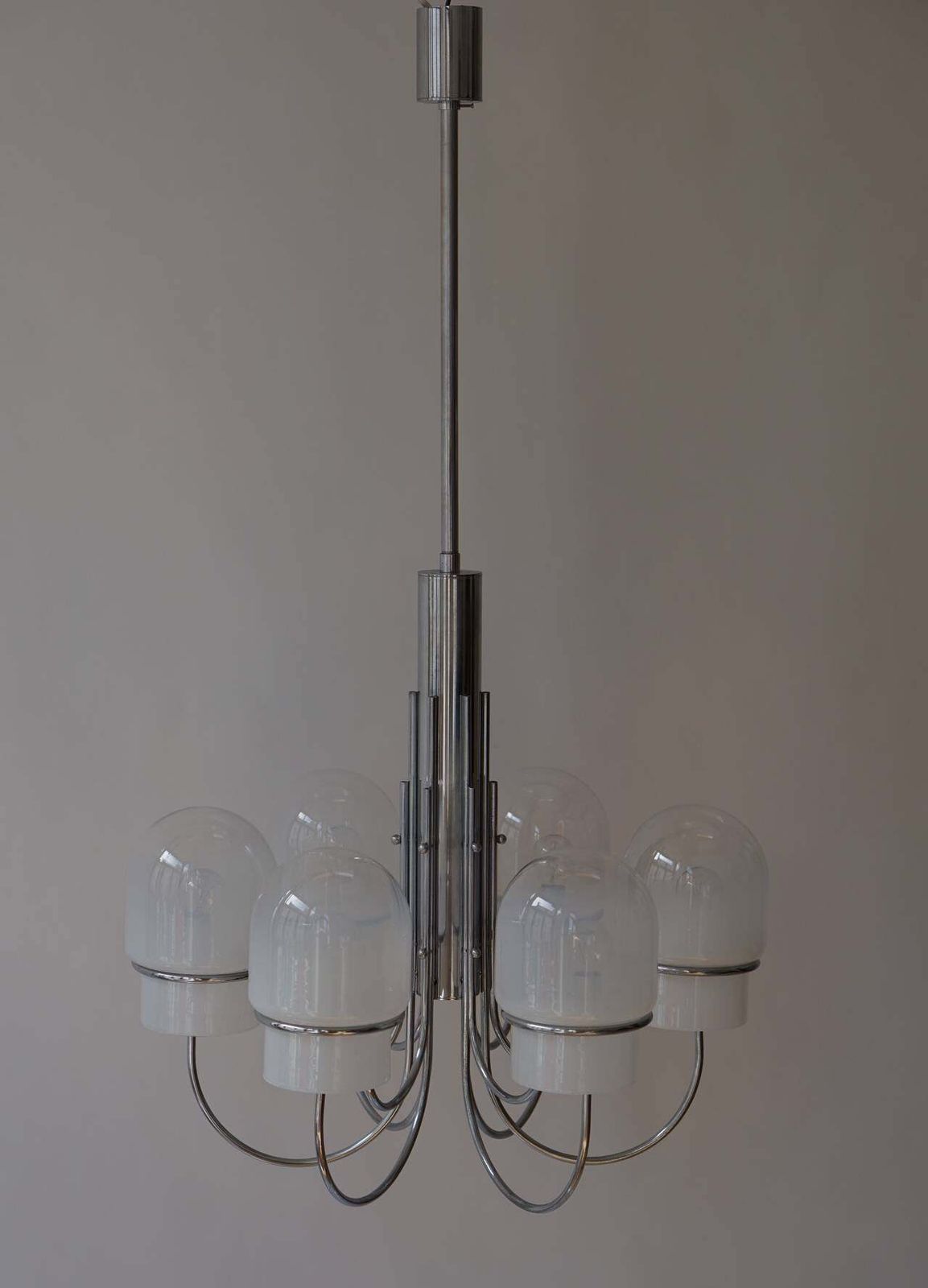 photo for sale Italian Six Arched Arm Chrome And Milk Glass Chandelier, Circa 1960s