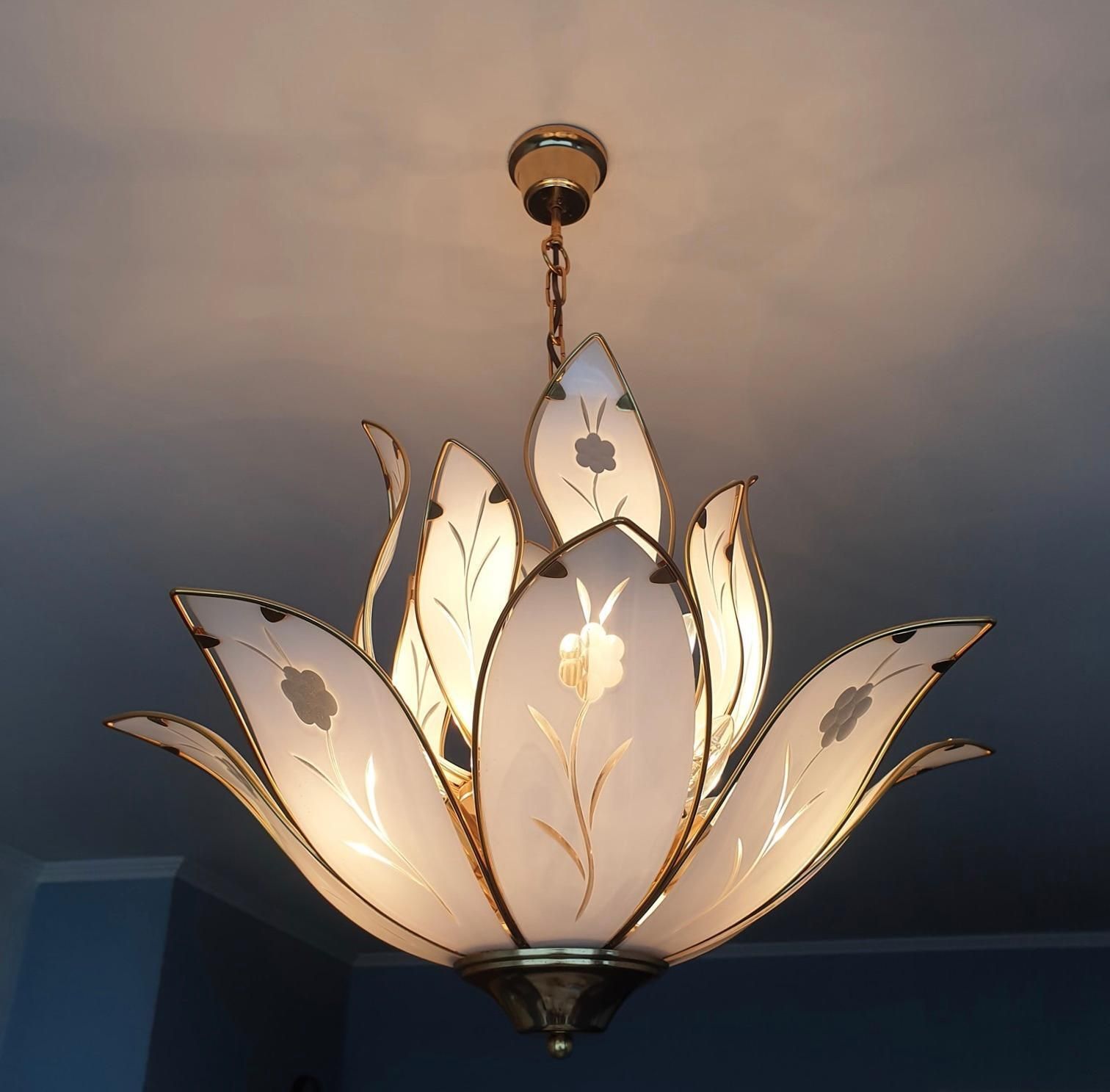Two Lotus Chandeliers In Brass And White Murano Glass In Franco Luce Style photo Lighting