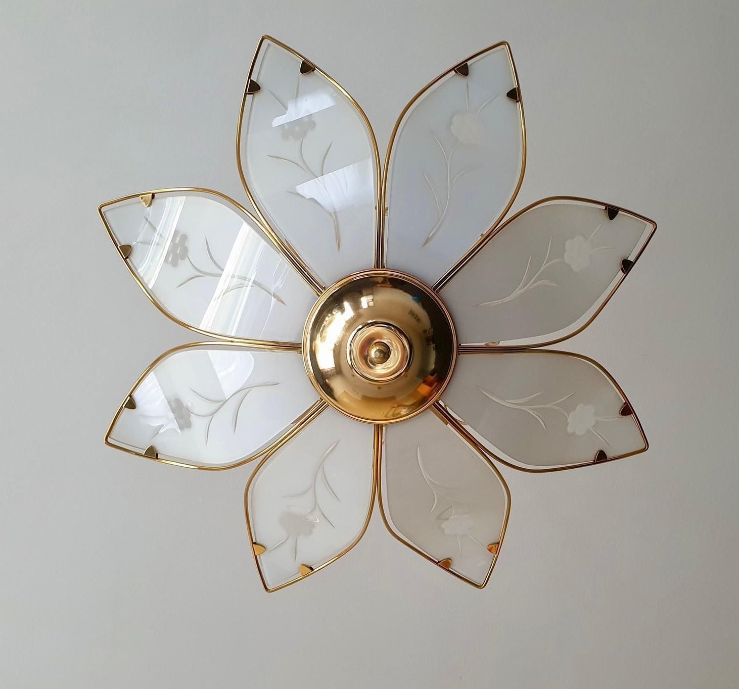 Two Lotus Chandeliers In Brass And White Murano Glass In Franco Luce Style photo 3059.0