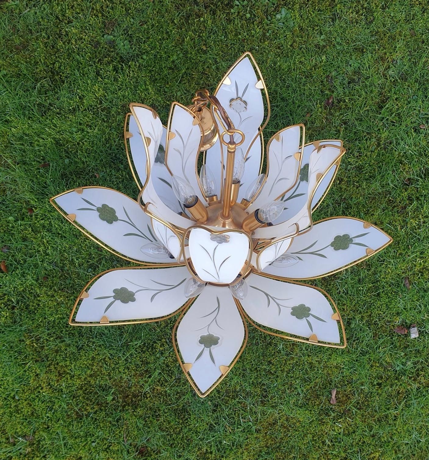 Two Lotus Chandeliers In Brass And White Murano Glass In Franco Luce Style photo buy