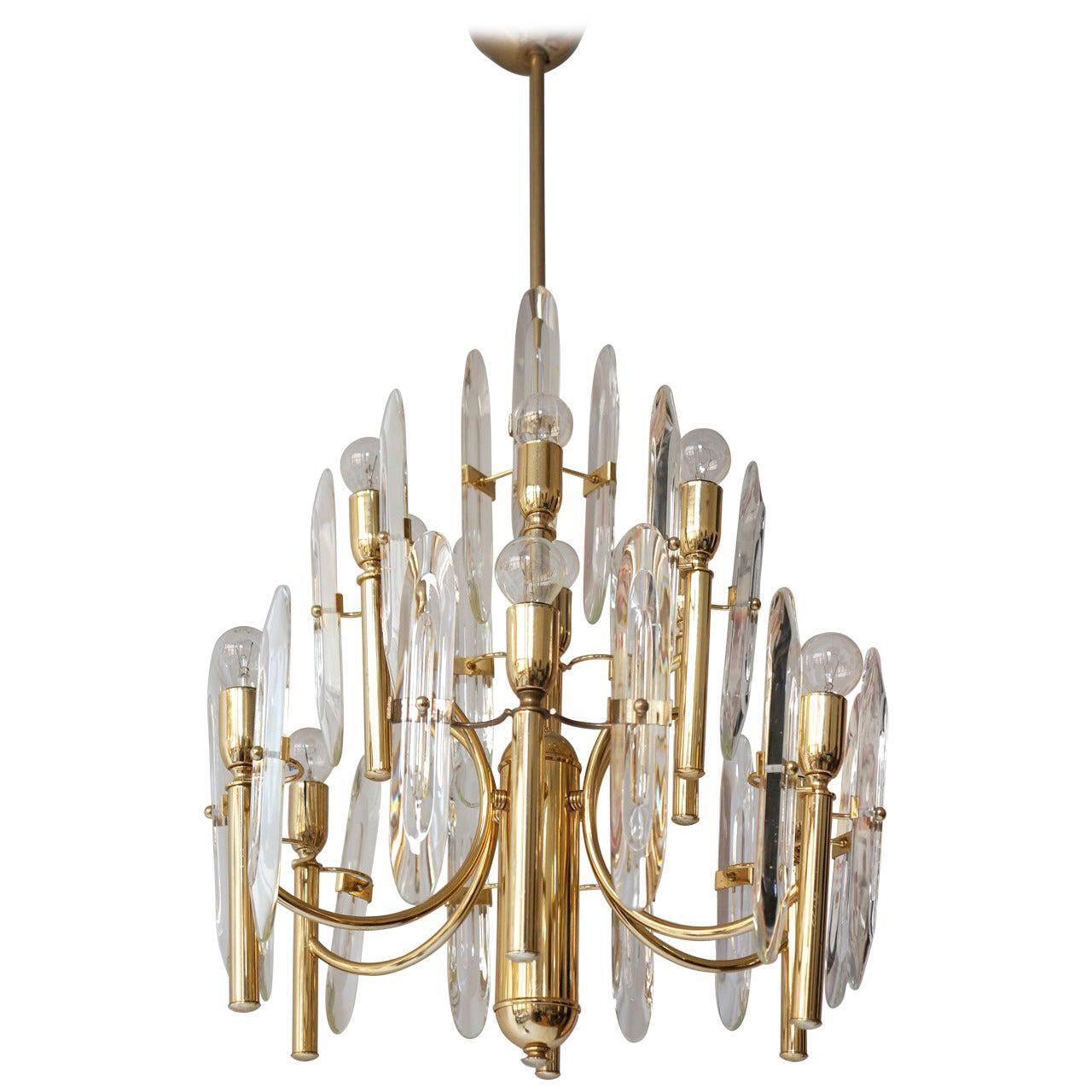 Mid Century Modernist Crystal Glass And Brass Sciolari Chandelier