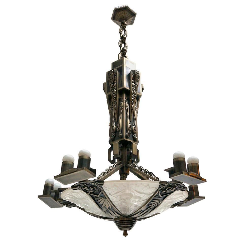 Large Silvered Bronze And Glass Art Deco Chandelier