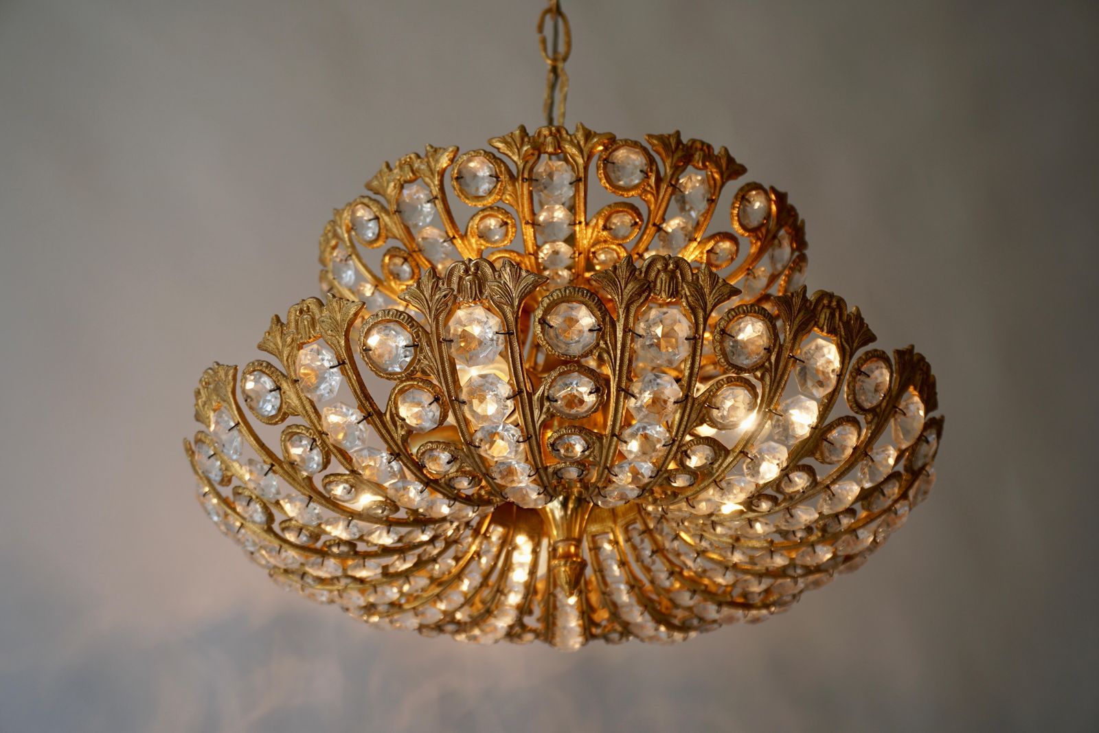 Spanish Brass And Crystal Chandelier By Ernest Palm For Palwa, 1970s photo vintage