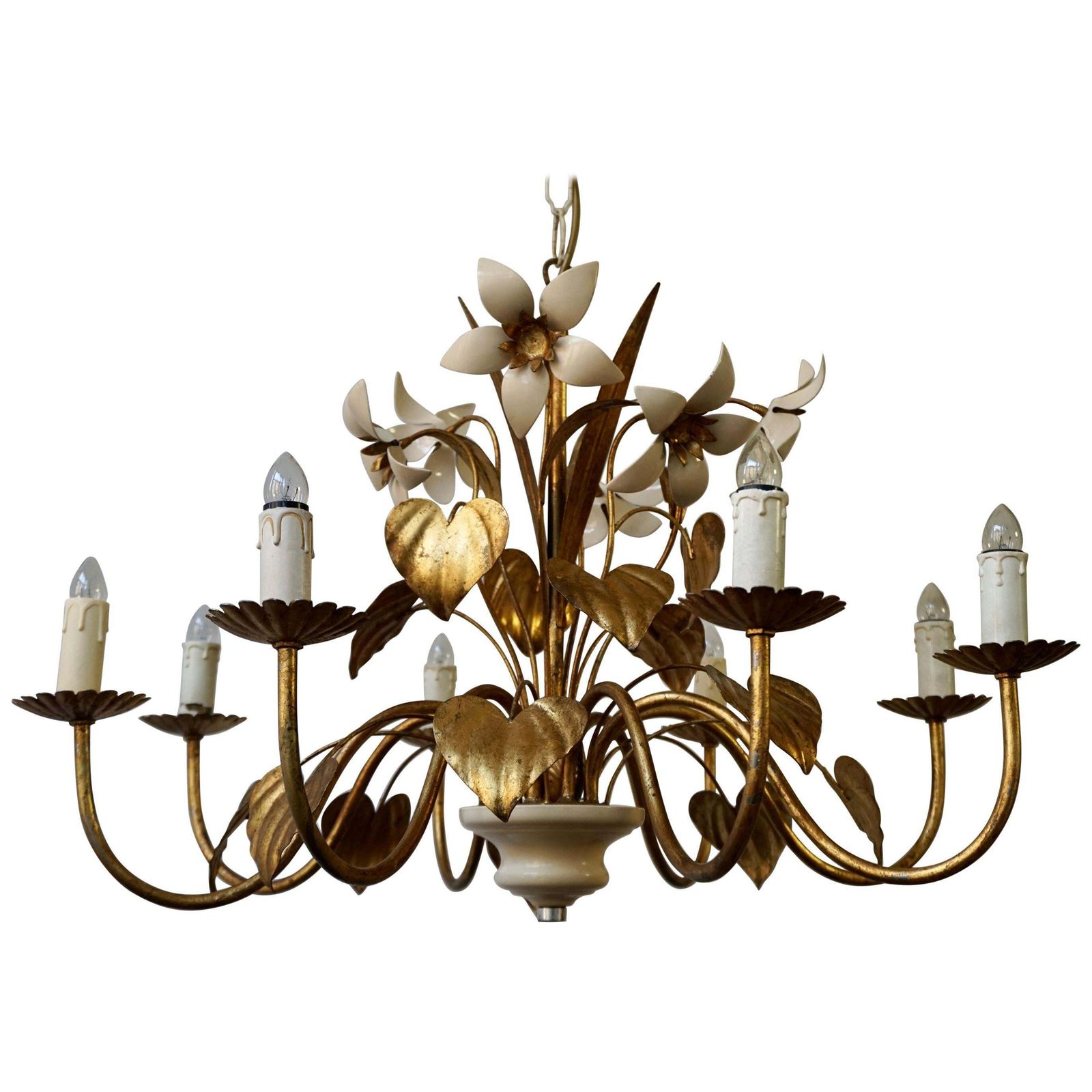 Chandelier With Golden Leaves And White Flowers