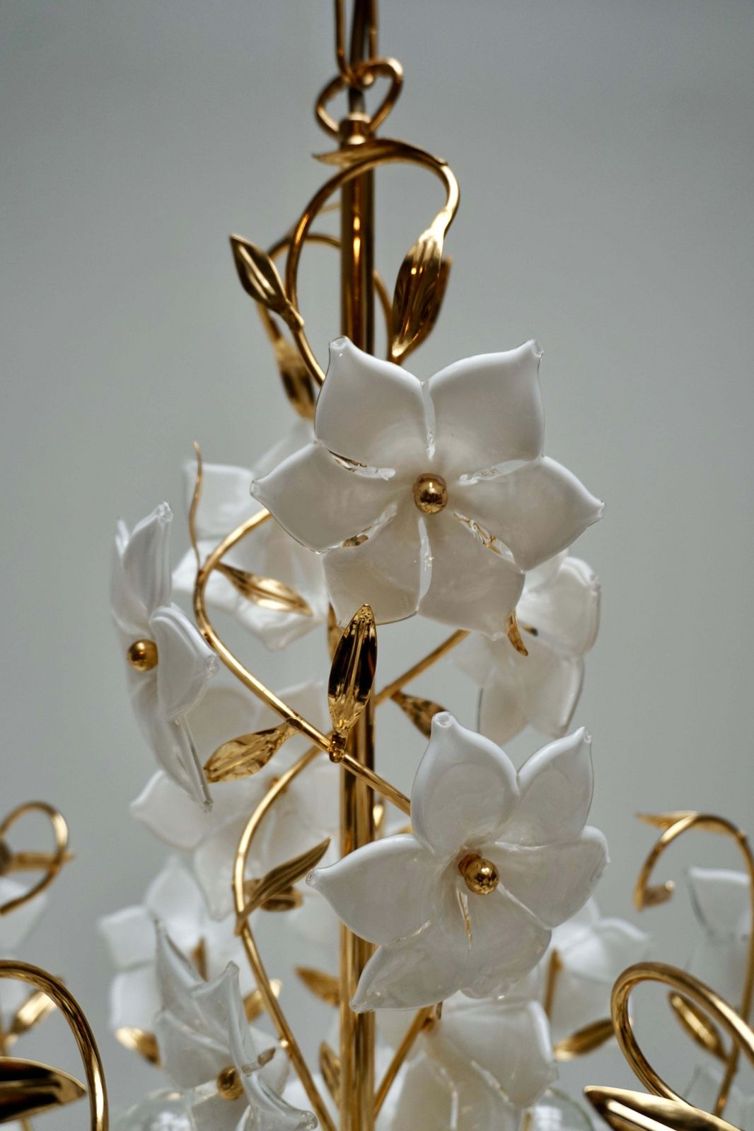 photo vinterior Three Italian Murano Glass Flower Bouquet Gilt Brass Chandeliers