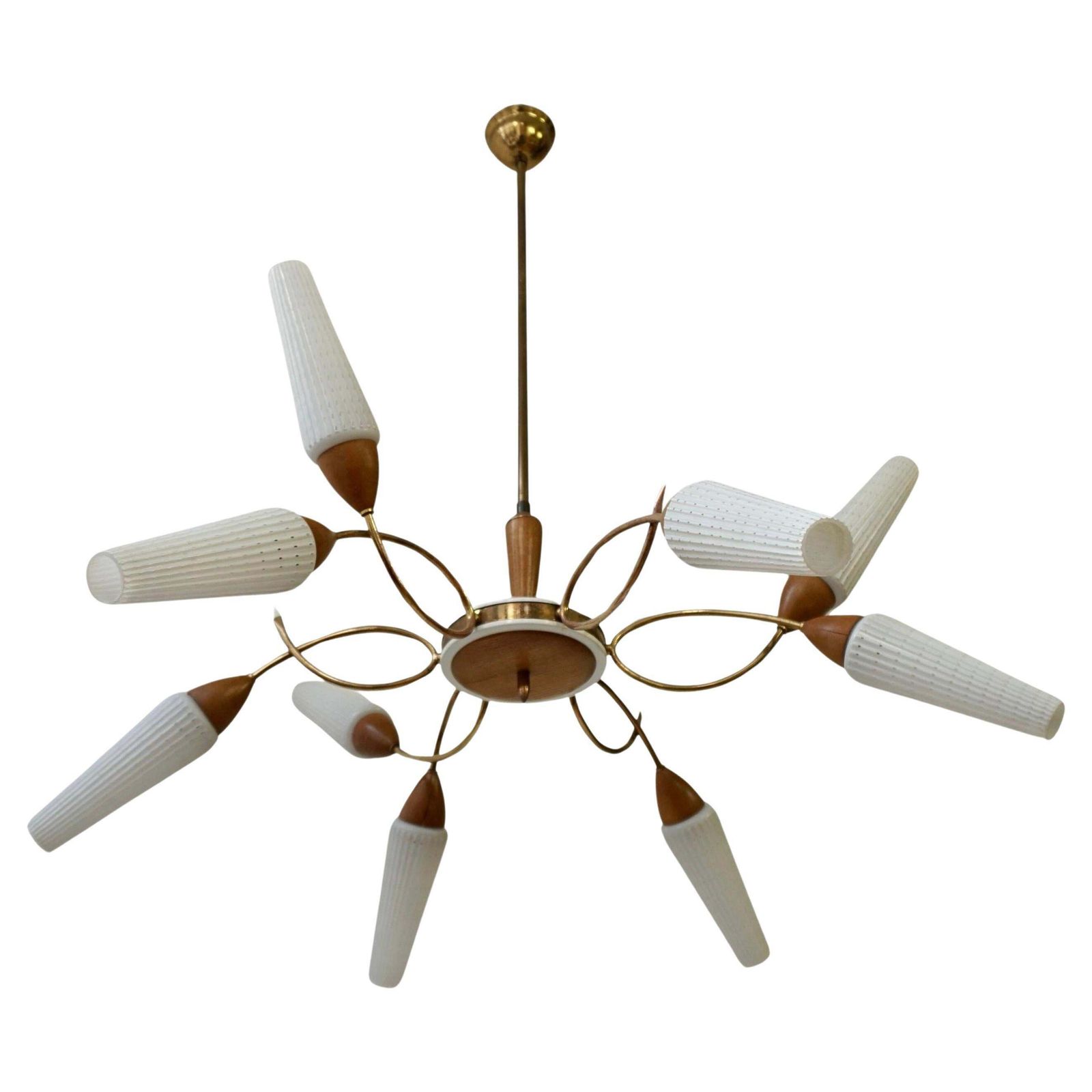 Stilnovo Style Teak And Opaline Glass Nine Arm Spider Chandelier