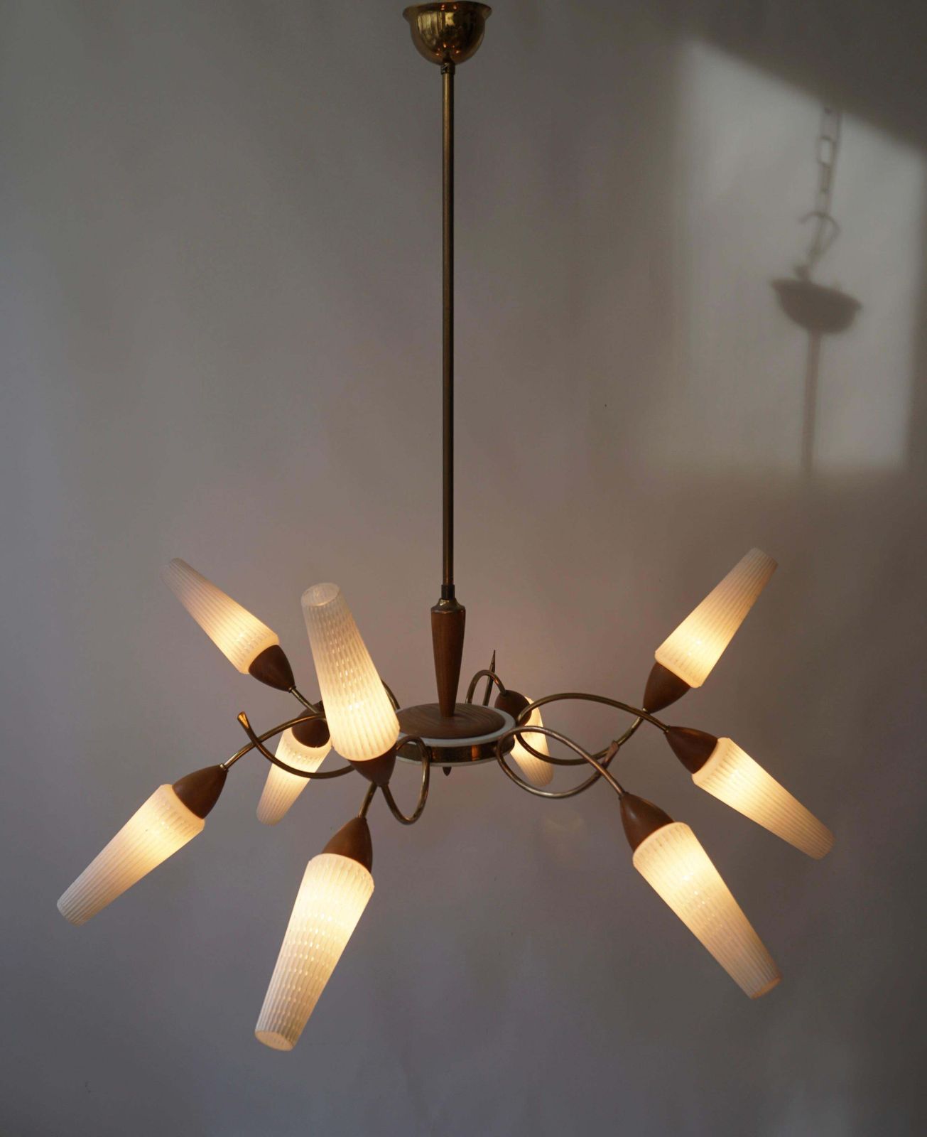Stilnovo Style Teak And Opaline Glass Nine Arm Spider Chandelier photo buy