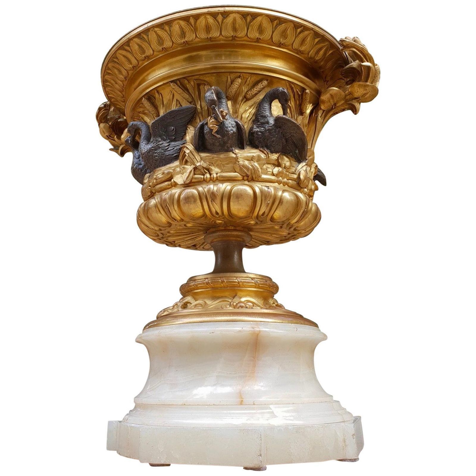 Exceptional Napoleon III Gilt Bronze And Onyx Swan Centerpiece Urn, France