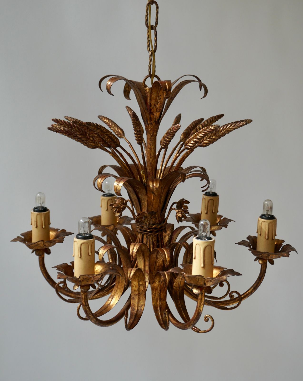 Italian Chandelier Pendant Light, Gilt Metal, 1970s photo Lighting