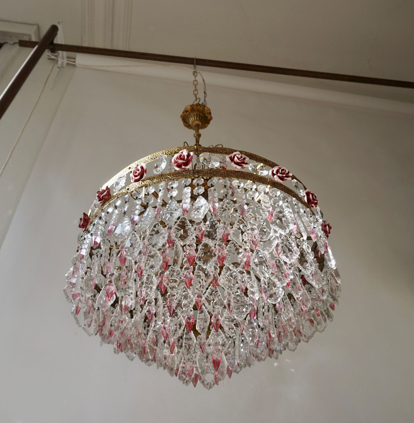 Rare Italian Chandelier With Pink Crystals And Pink Roses photo for sale