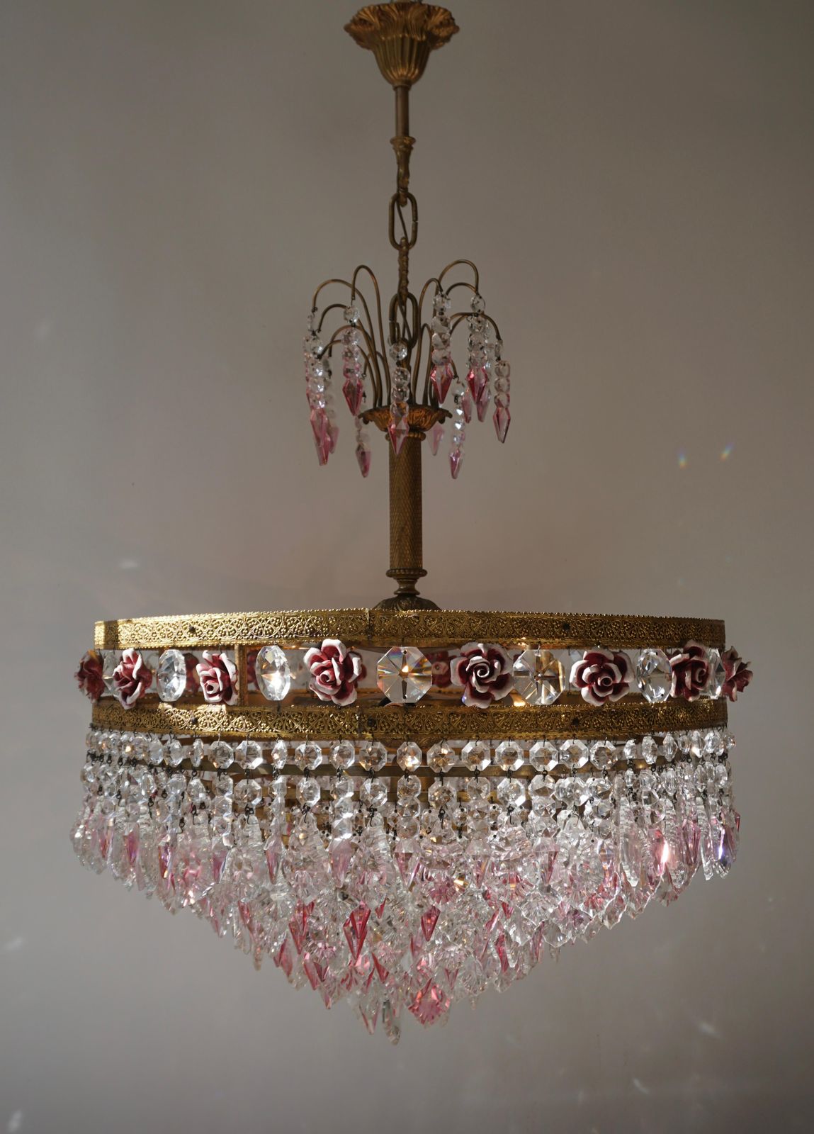Rare Italian Chandelier With Pink Crystals And Pink Roses photo 3824.0