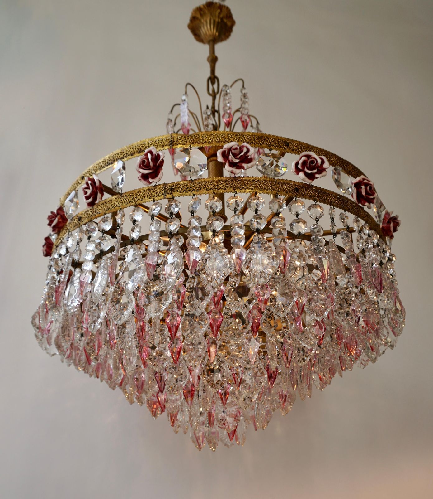 Rare Italian Chandelier With Pink Crystals And Pink Roses photo buy