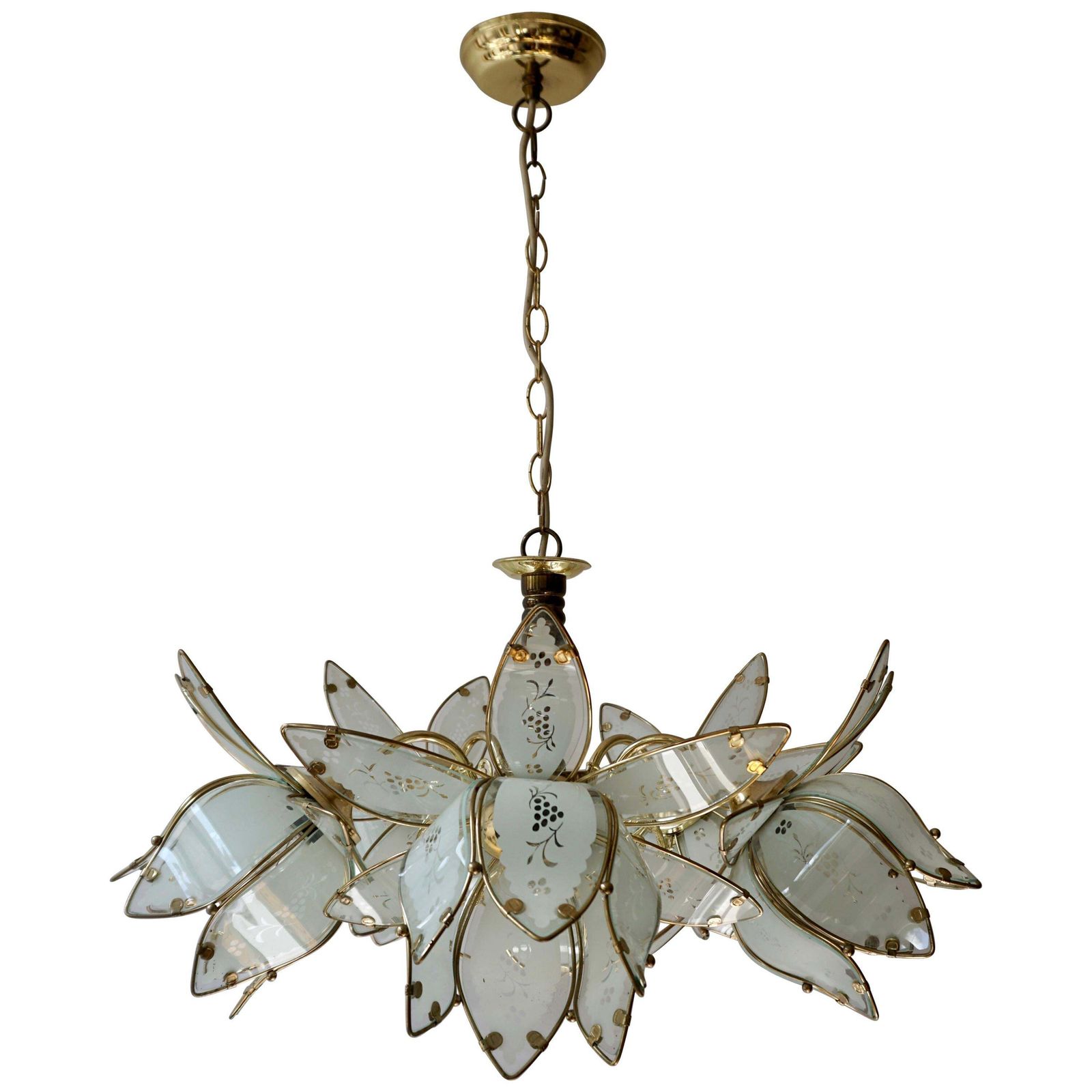 Four Italian Brass Chandeliers With White Murano Glass Lotus Flowers