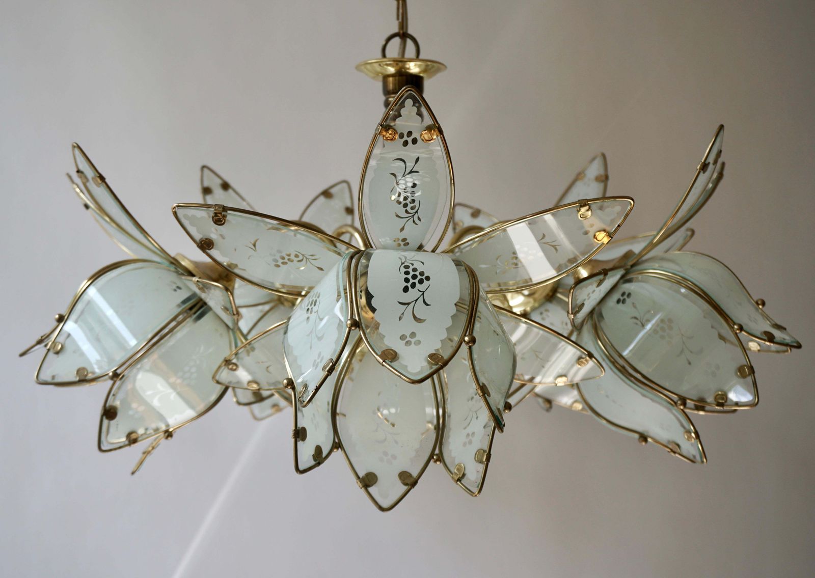 Four Italian Brass Chandeliers With White Murano Glass Lotus Flowers photo furniture