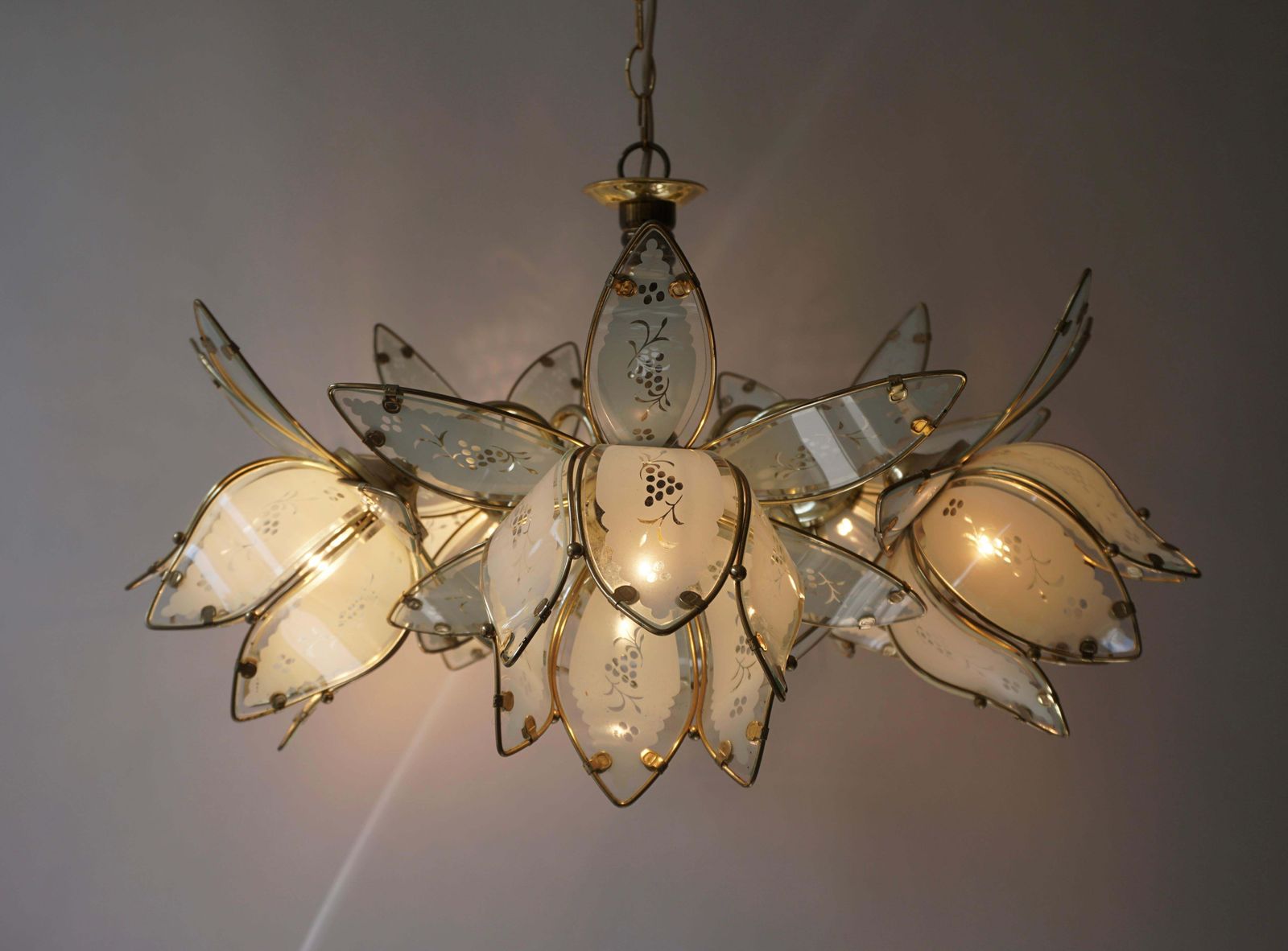 Four Italian Brass Chandeliers With White Murano Glass Lotus Flowers photo for sale