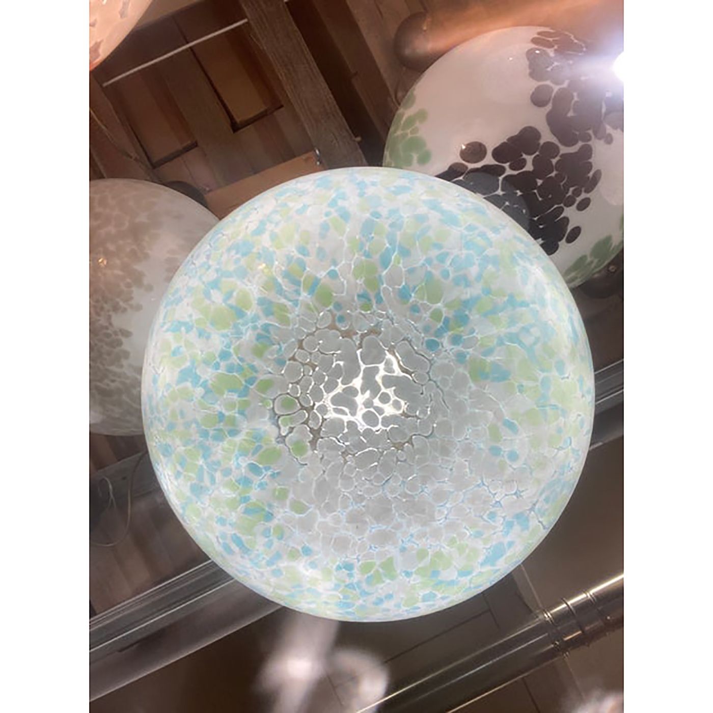 Contemporary Light Green Light Blue And White Swirling Sphere Pendant In Murano Style Glass Italian photo furniture