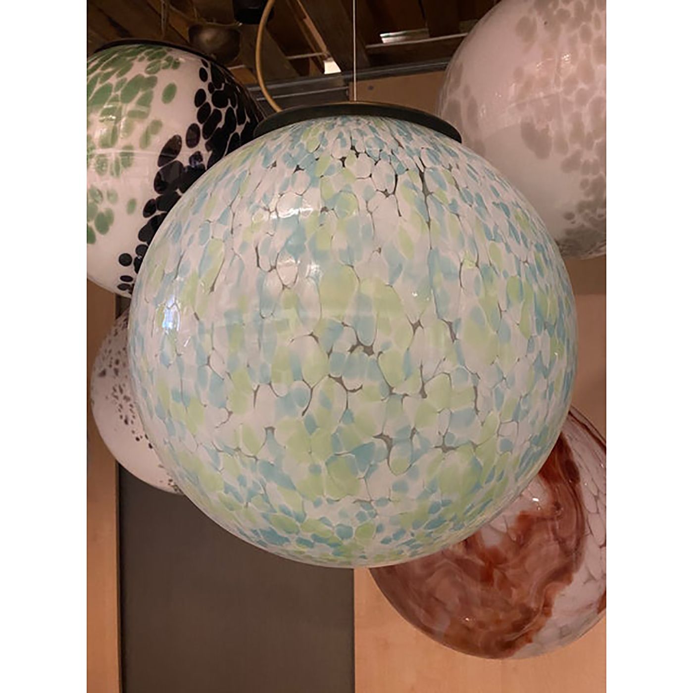 Contemporary Light Green Light Blue And White Swirling Sphere Pendant In Murano Style Glass Italian photo for sale