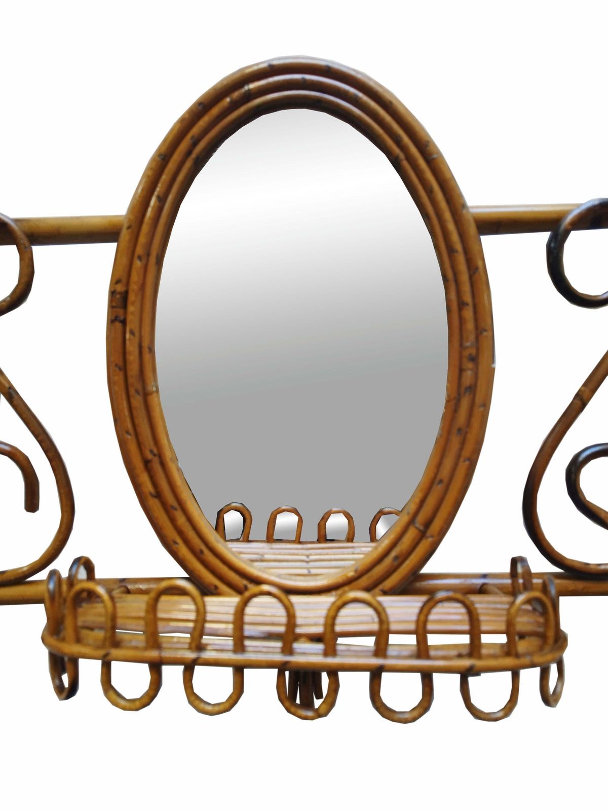 Rattan And Bamboo Wall Coat Rack With Mirror And Shelf, Italy, 1960s photo for sale
