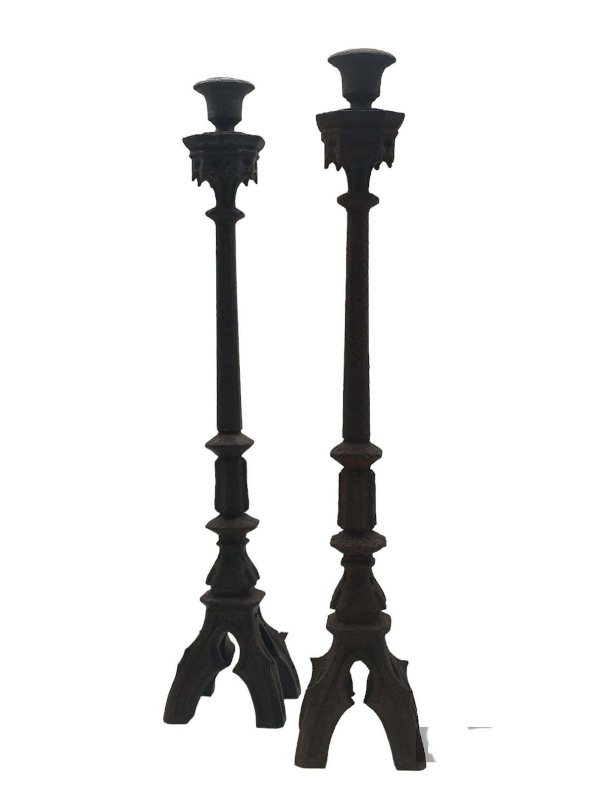 Pair Of Neo Gothic Iron Altar Candlesticks, Italy, 19th Century photo furniture