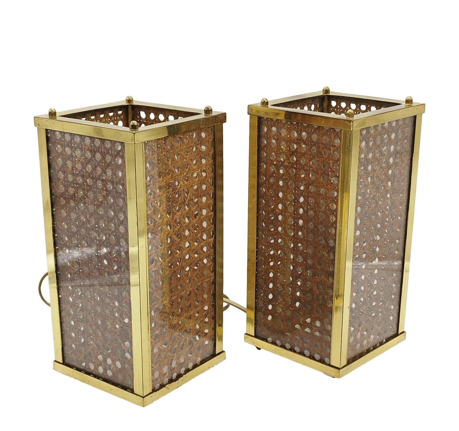 Dior Home Style Pair Of Brass, Glass And Vienna Woven Cane Table Lamps, 1970s photo furniture