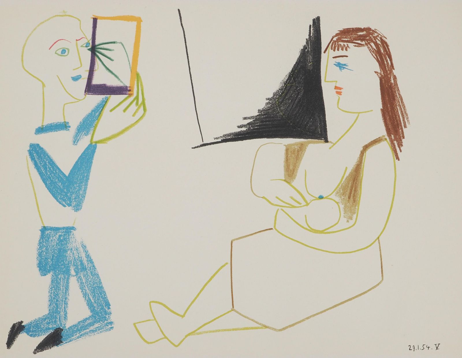 Pablo Picassoclown With Mirror And Young Mother   Original Lithograph (Mourlot)1954 photo furniture