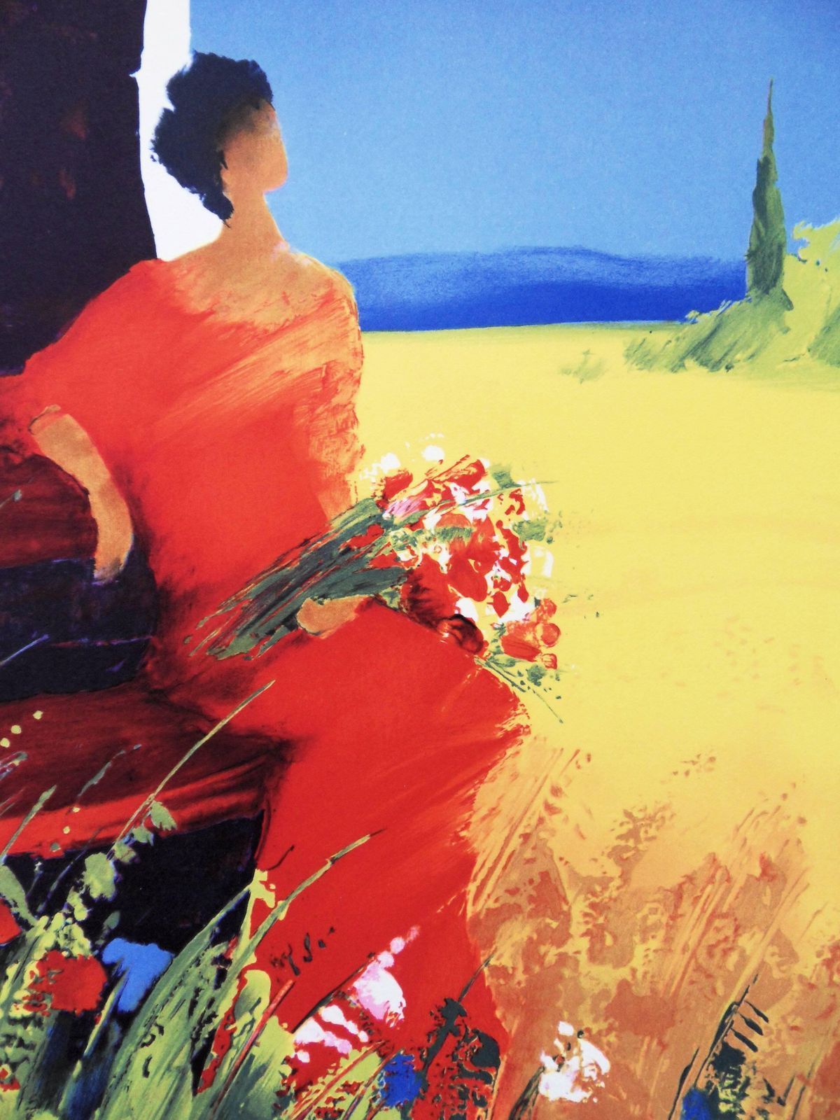 Emile Belletwoman In Red With Bouquet Of Wild Flowers   Handsigned Lithograph photo for sale